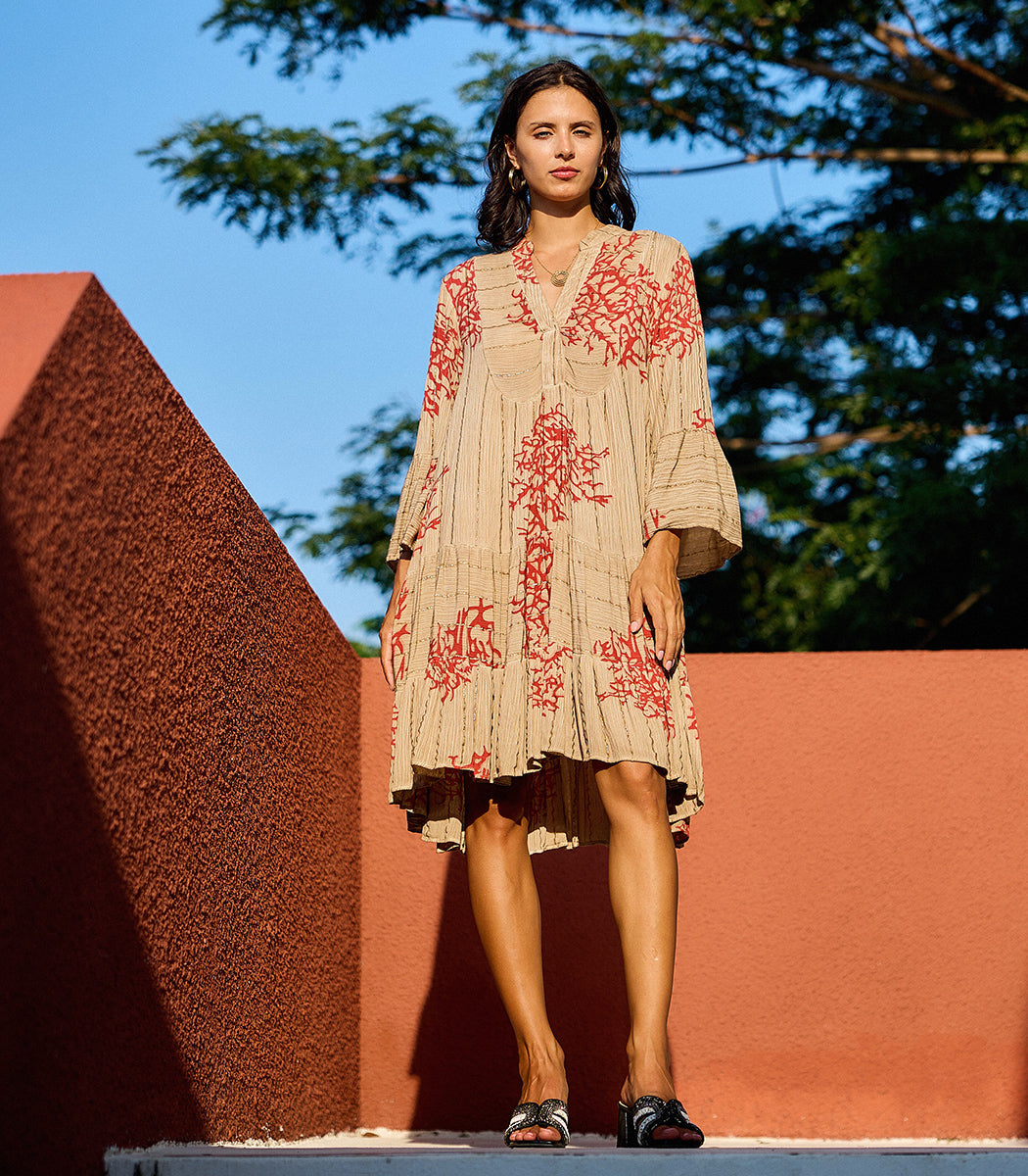 Coral print striped lurex dress