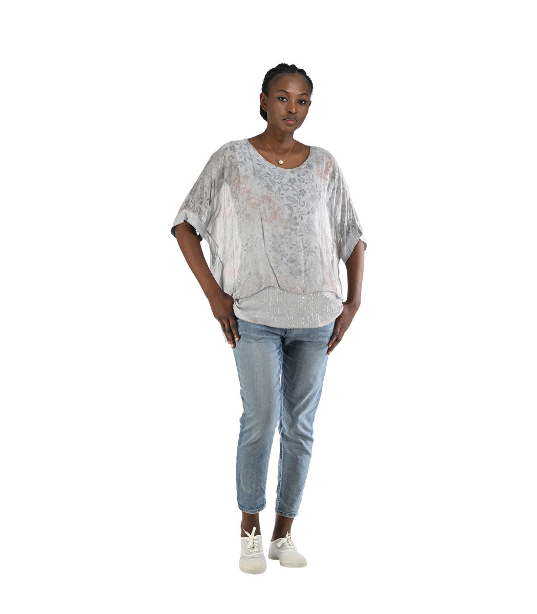 Double layer sequin border floral silky top