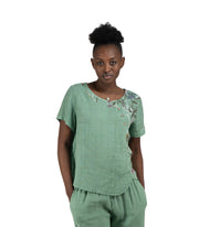 100% Linen button detail floral top