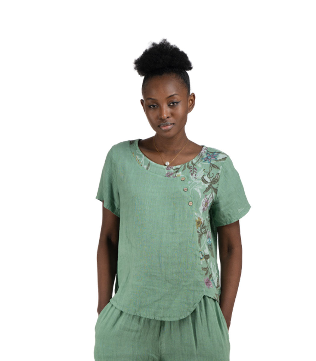 100% Linen button detail floral top