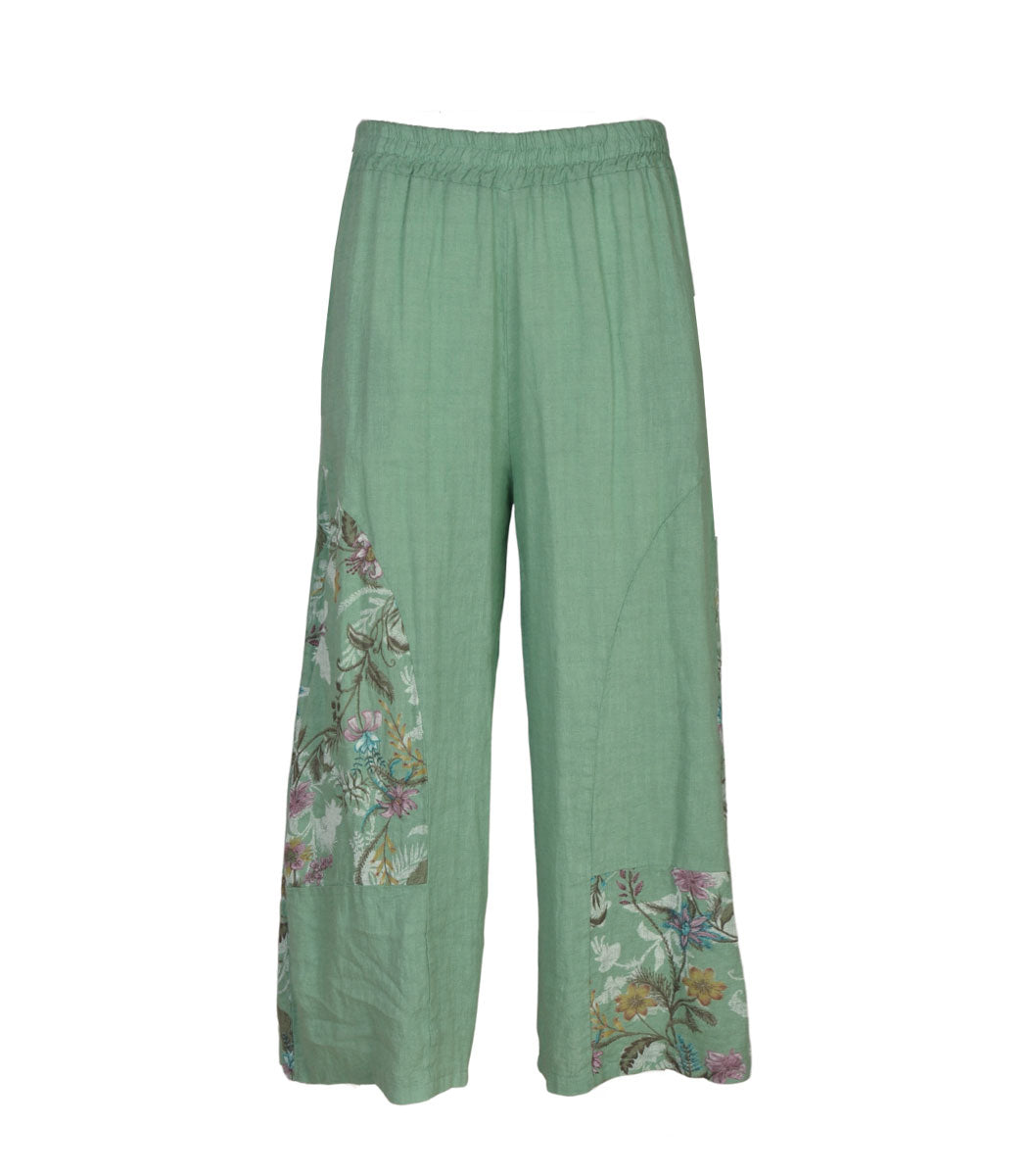 100% Linen floral patch wide leg pants