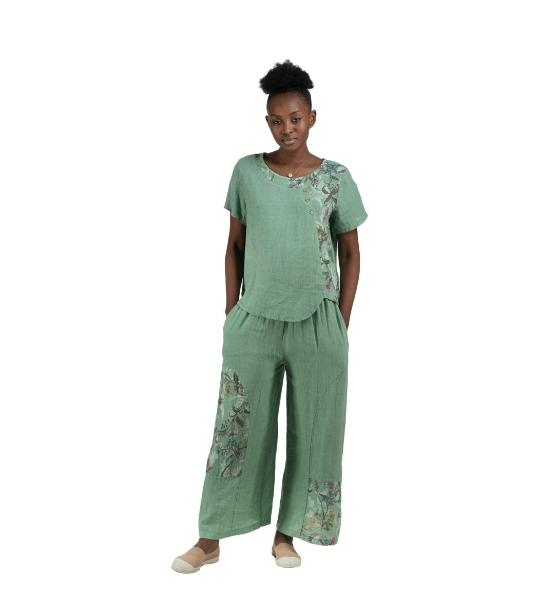 100% Linen floral patch wide leg pants