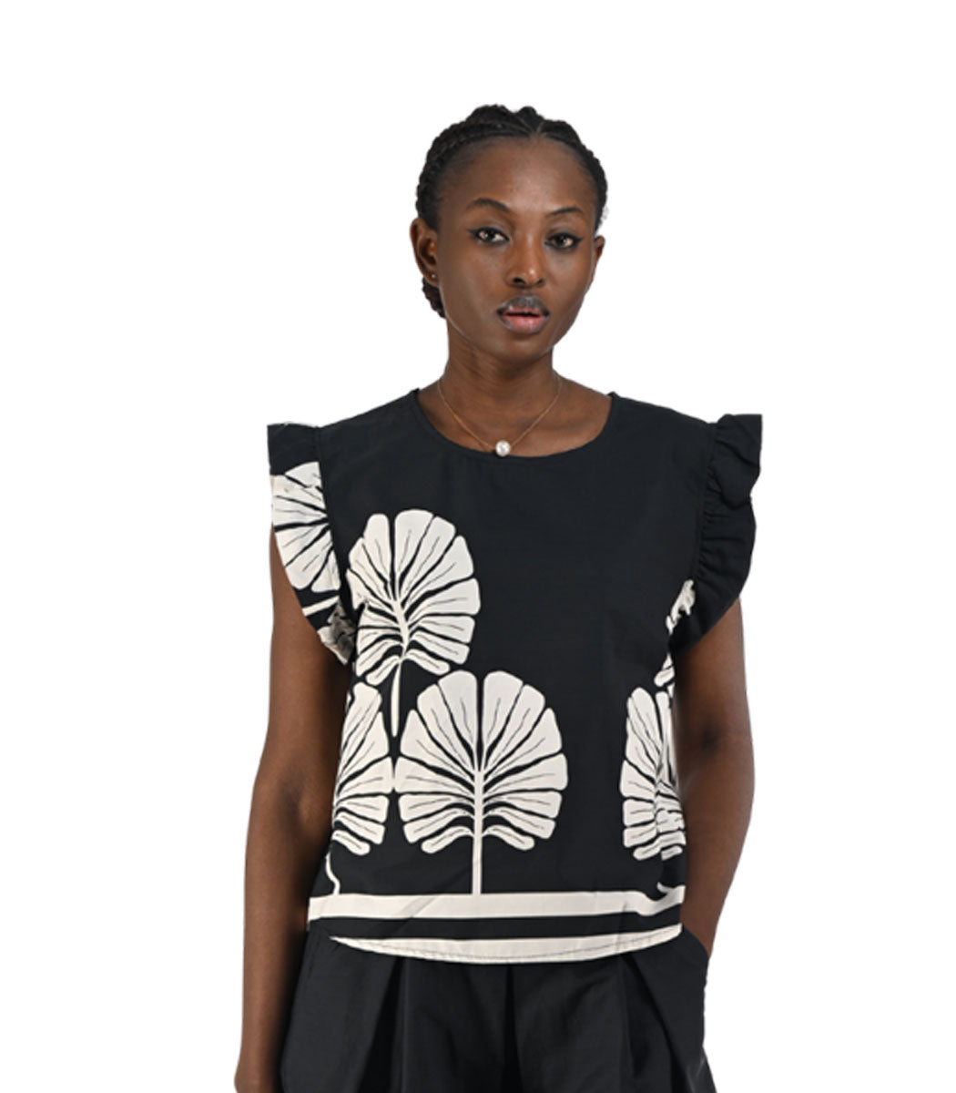 Frill sleeve tree print top