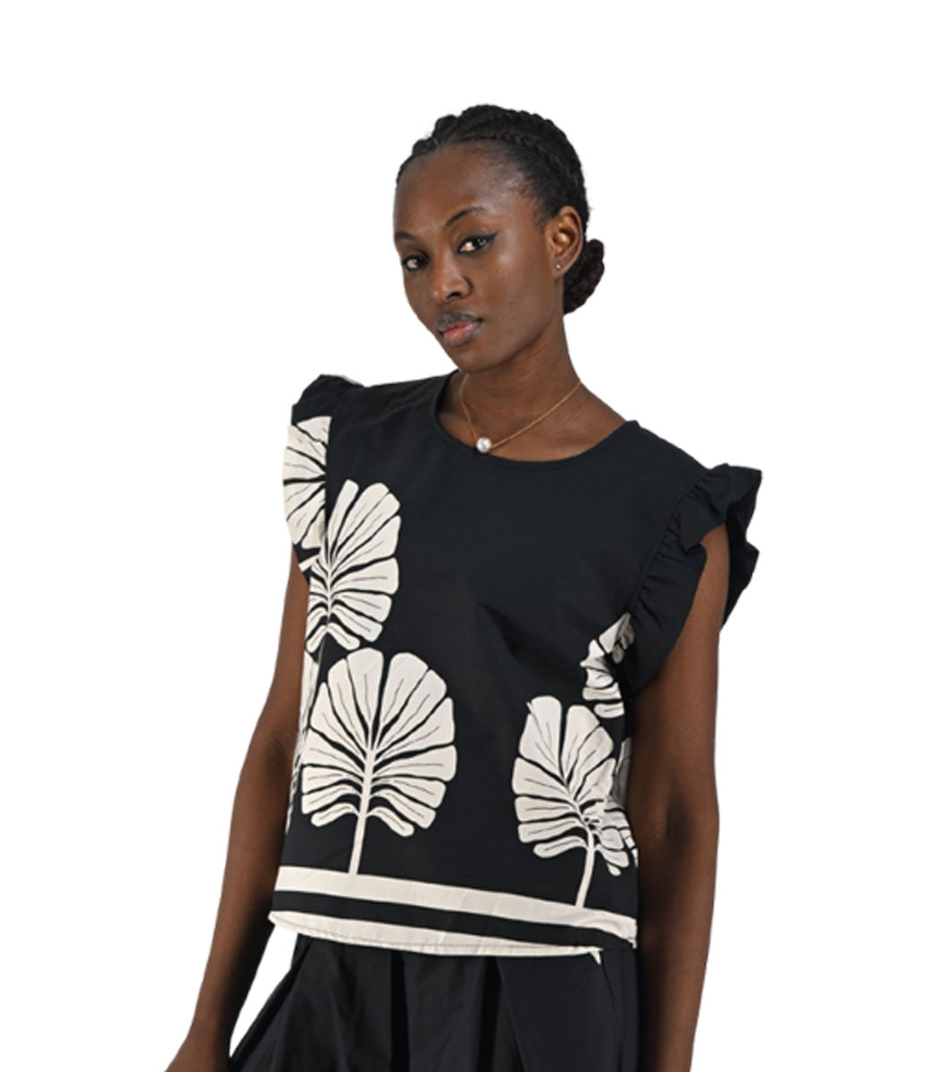 Frill sleeve tree print top