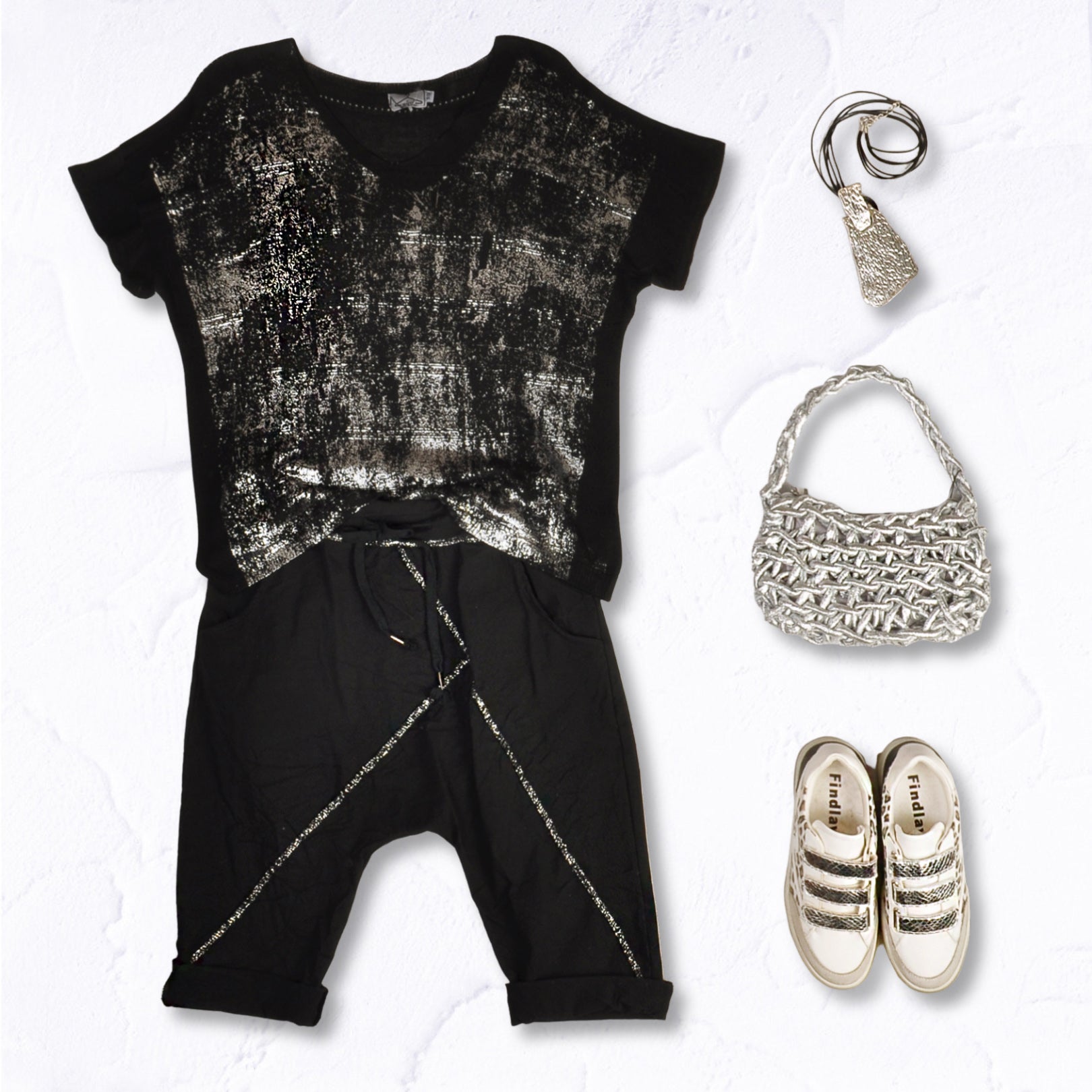 Silver foil print knit top