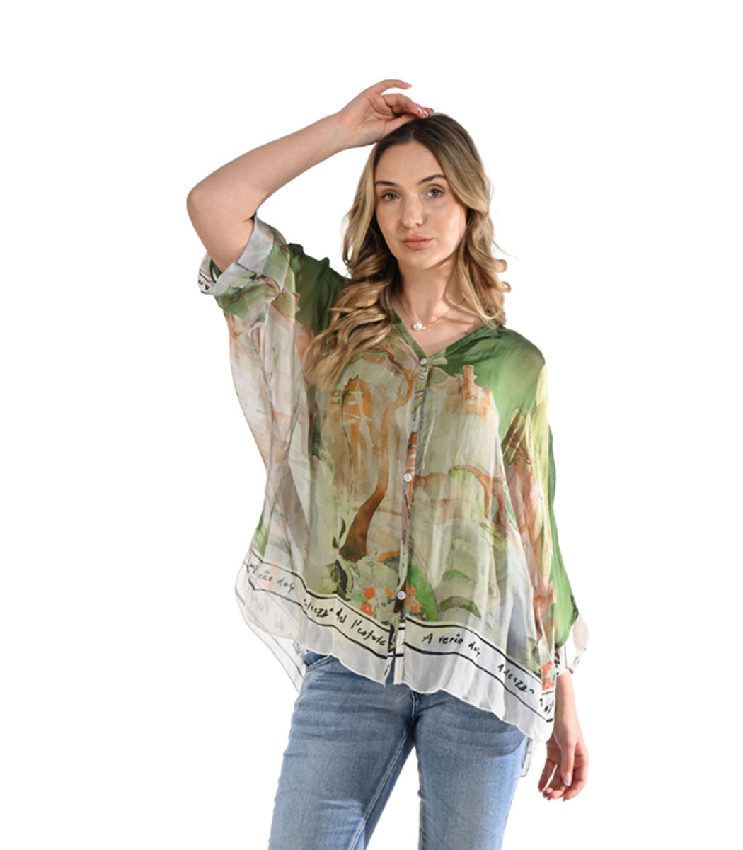 Double layer tree print batwing silky top