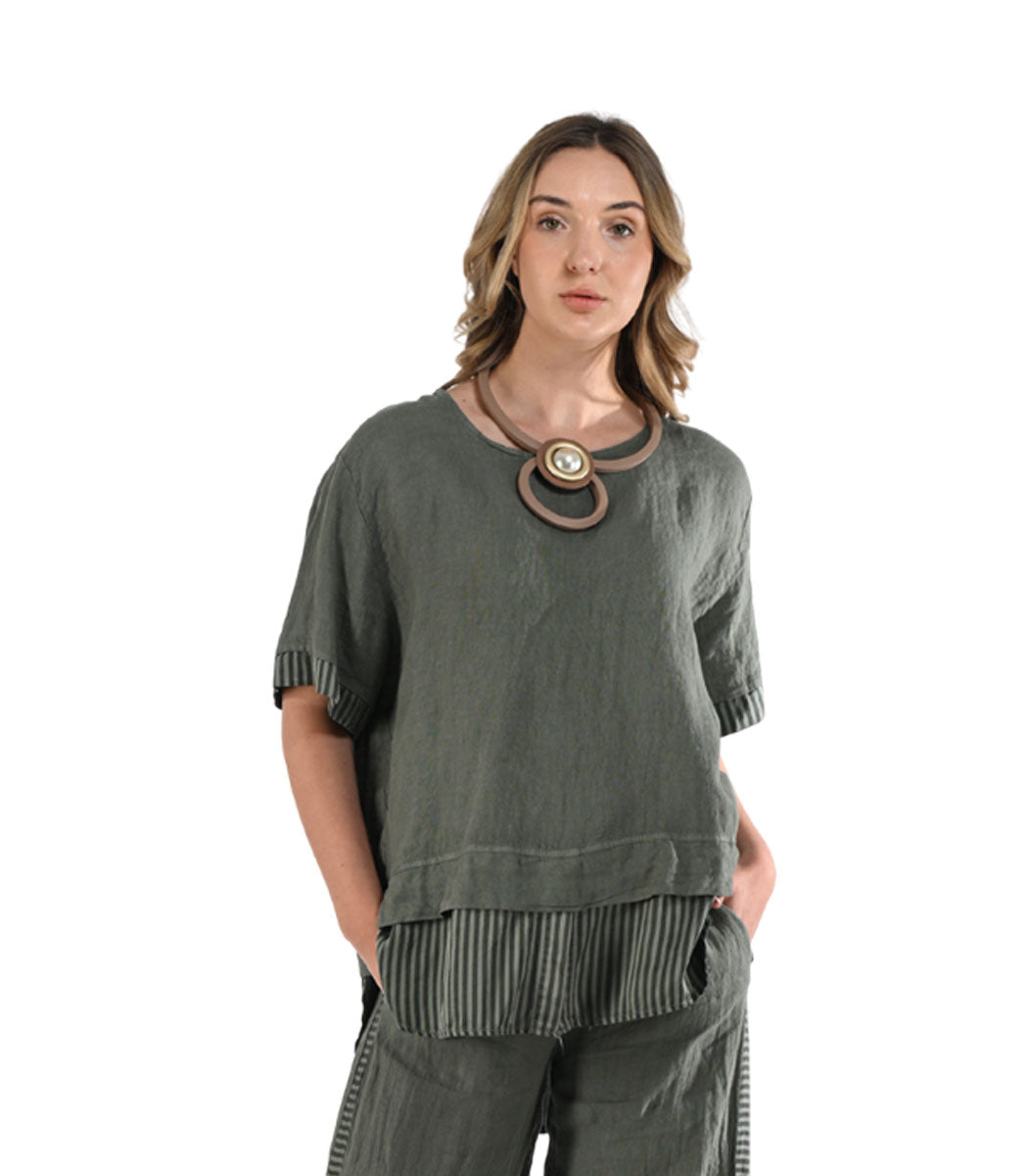 100% Linen stripe border layered top