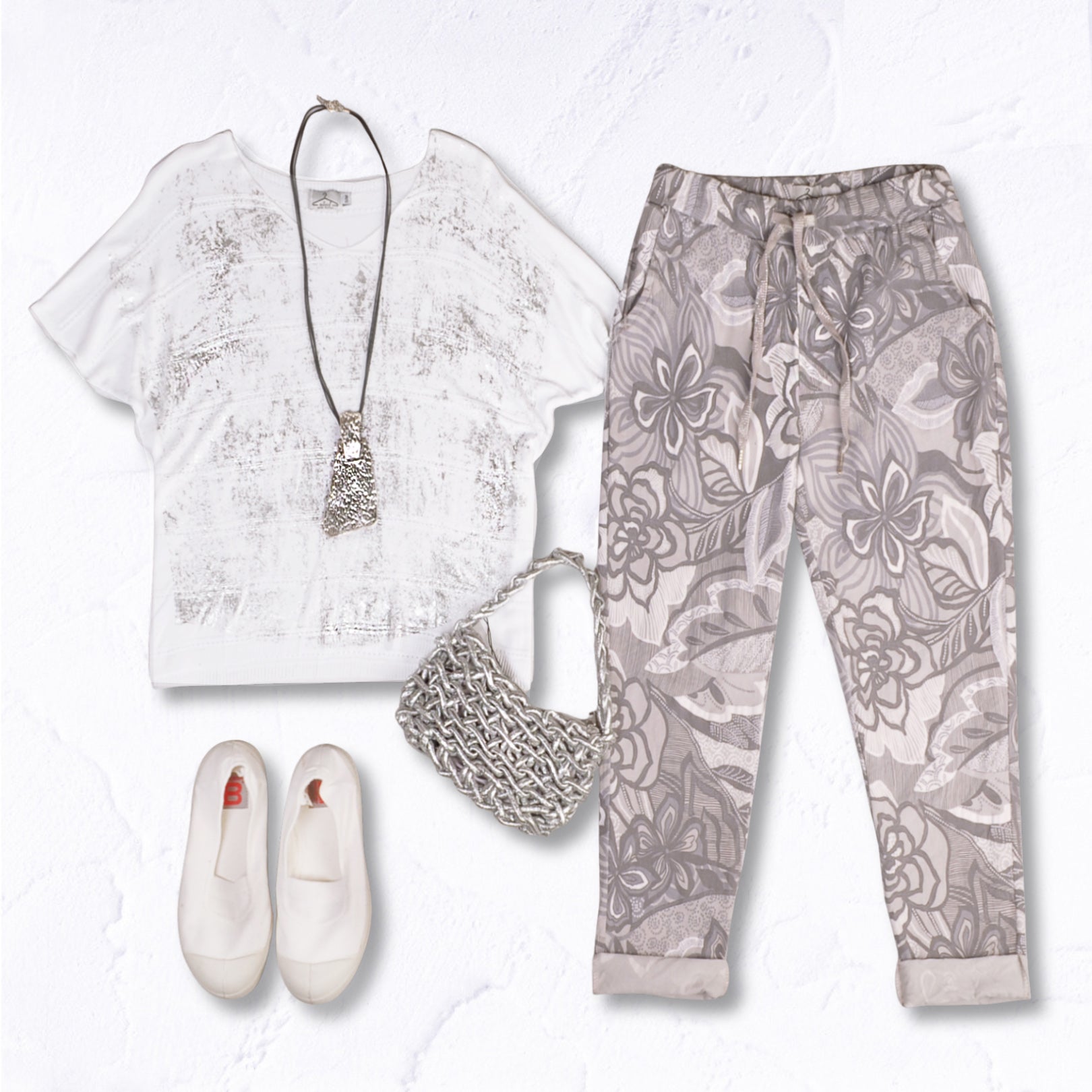 Silver foil print knit top