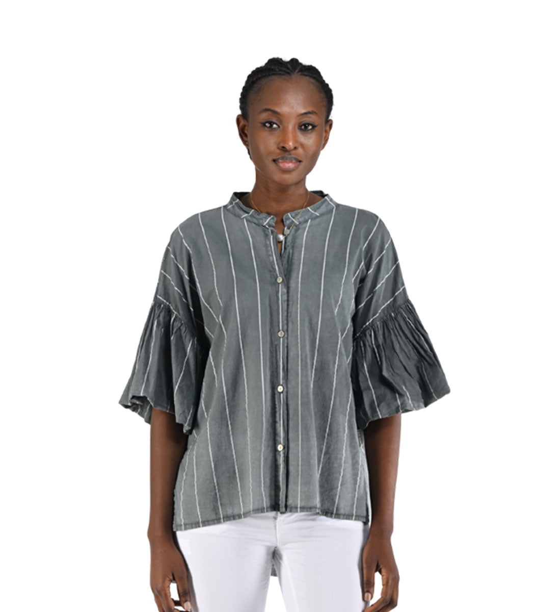 Bubble sleeve striped shirt