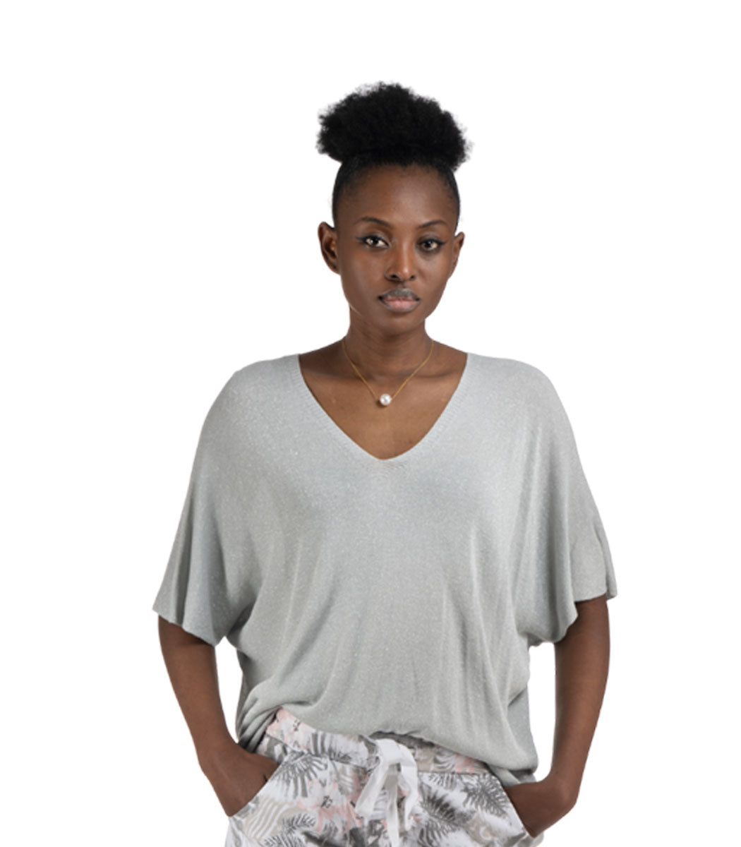 Ribbed neck batwing top