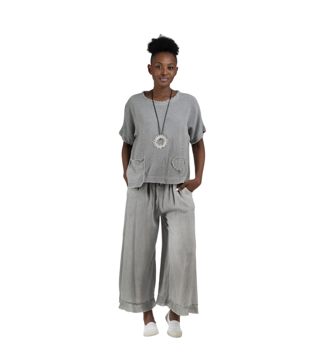 Raw-edge front pocket linen top