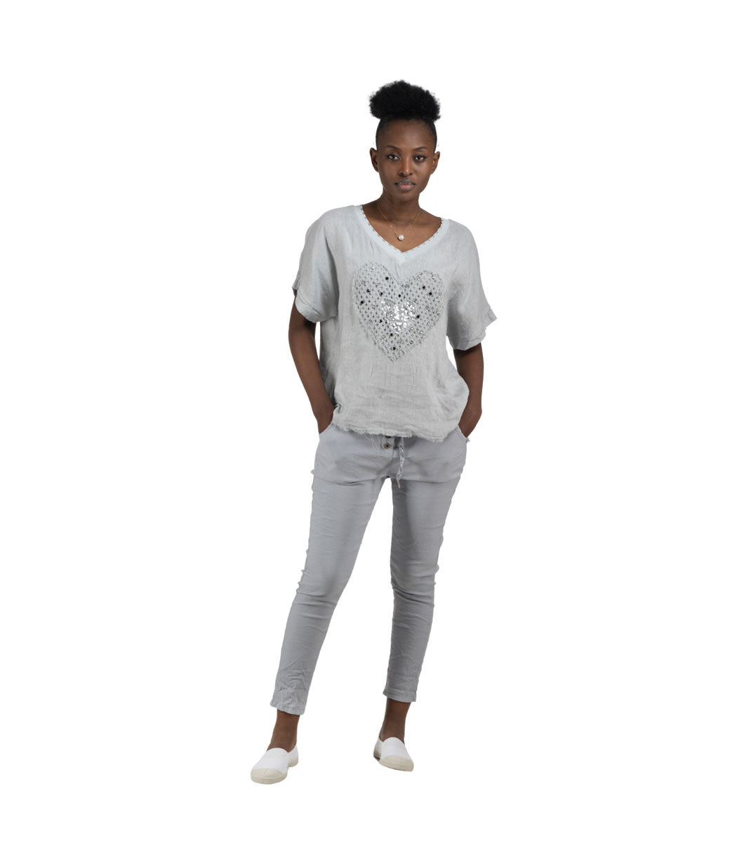 100% Linen diamante crochet heart top