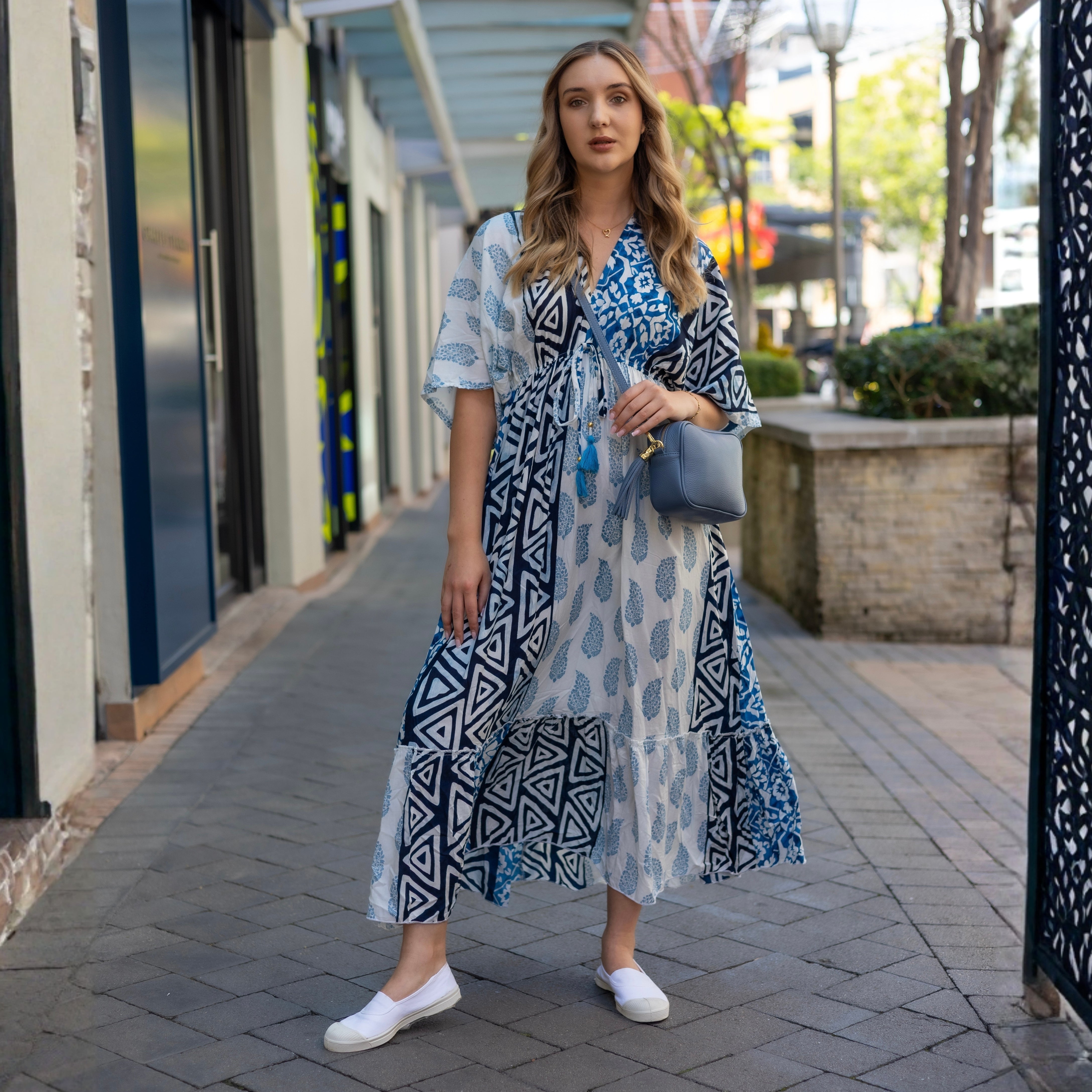 Damask patch print tassel kaftan dress