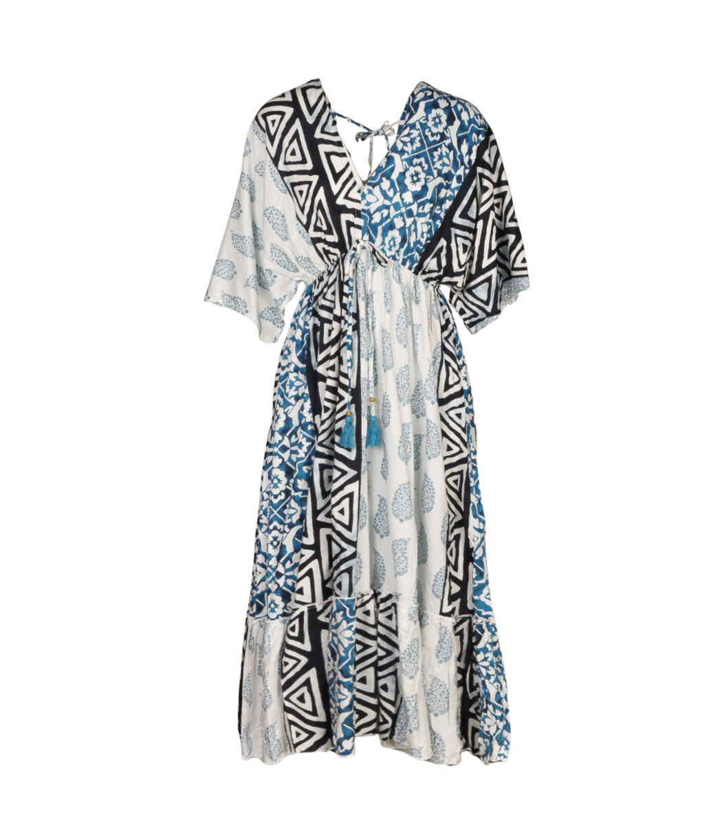 Damask patch print tassel kaftan dress