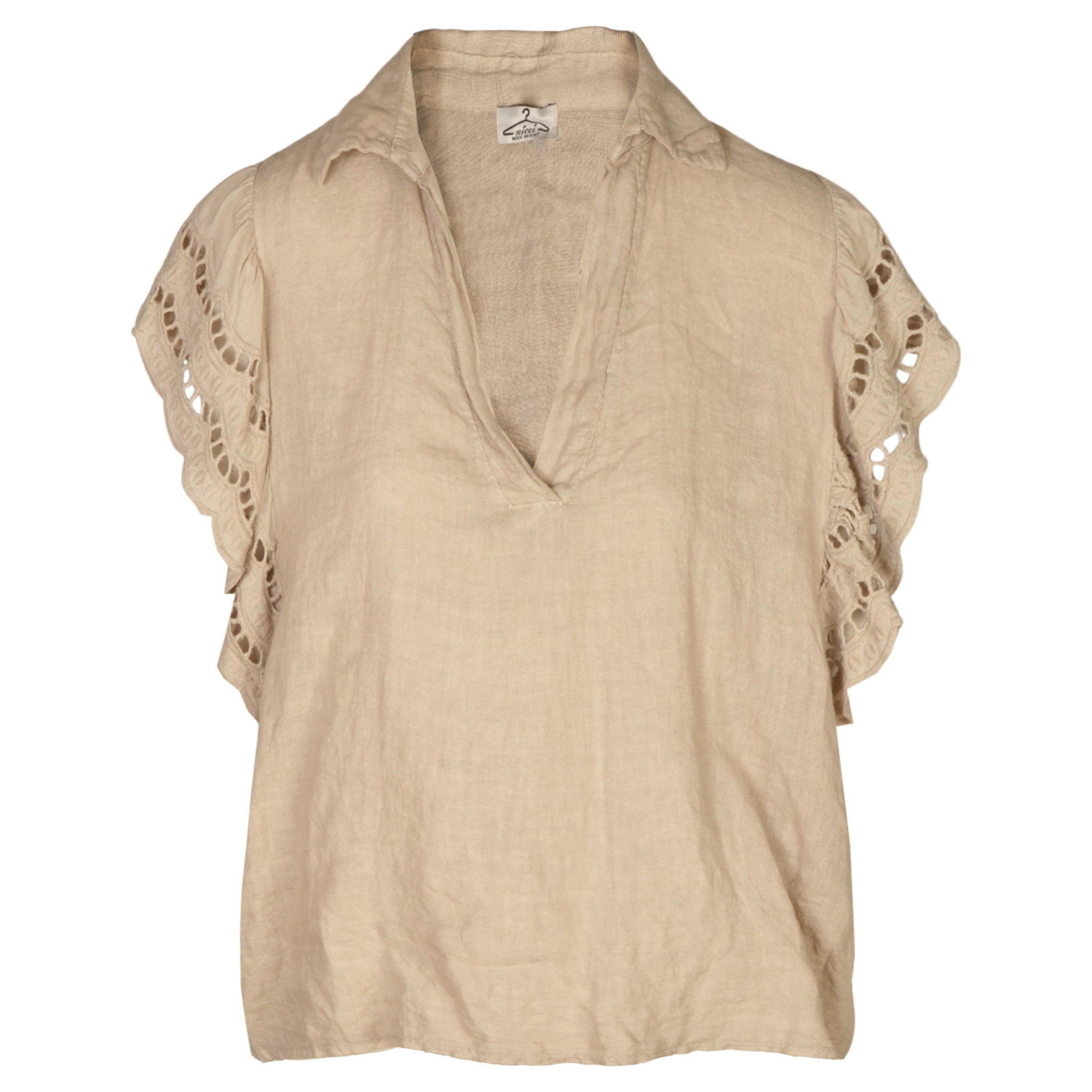 100% Linen lace frill sleeve top
