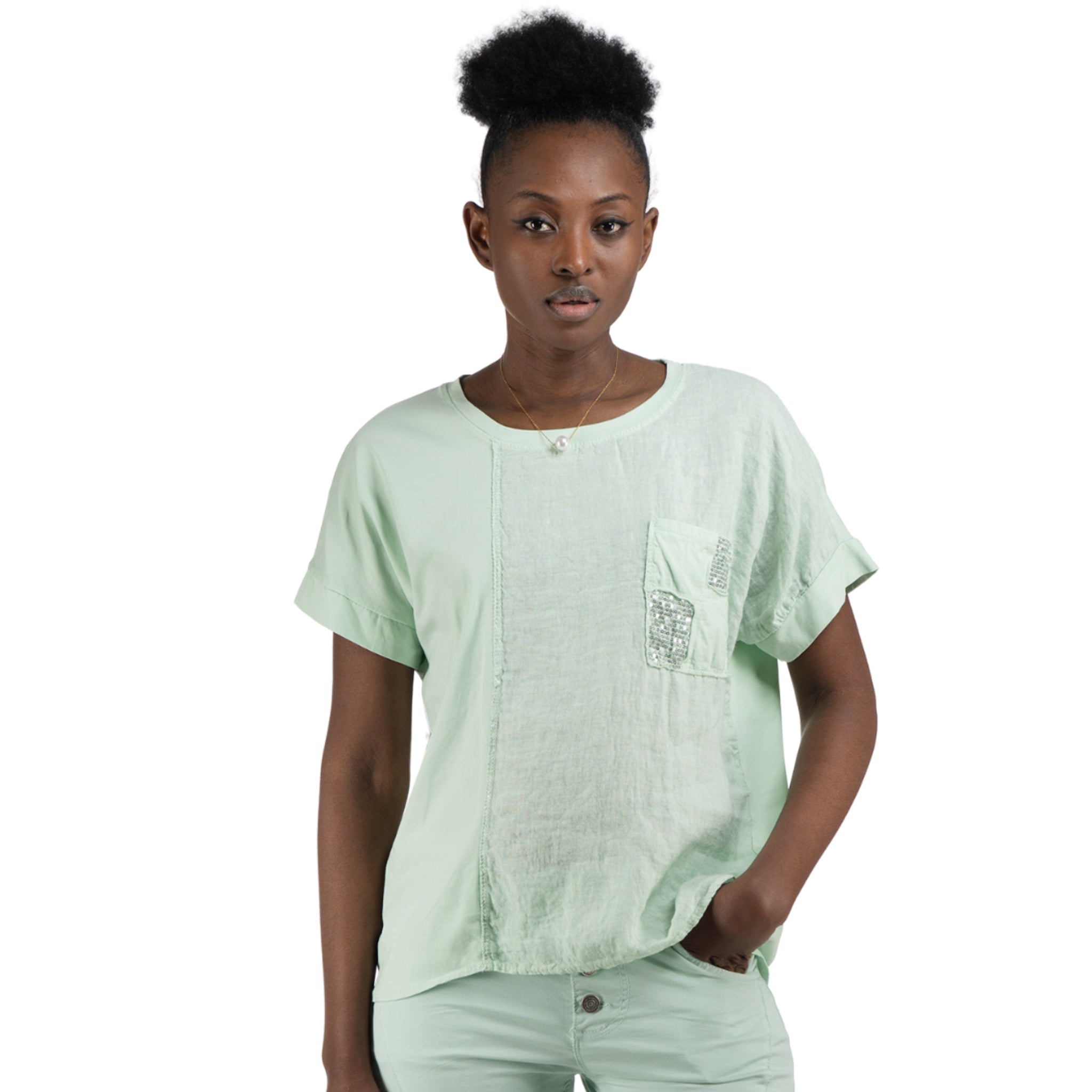 2-Textured sequin pocket top