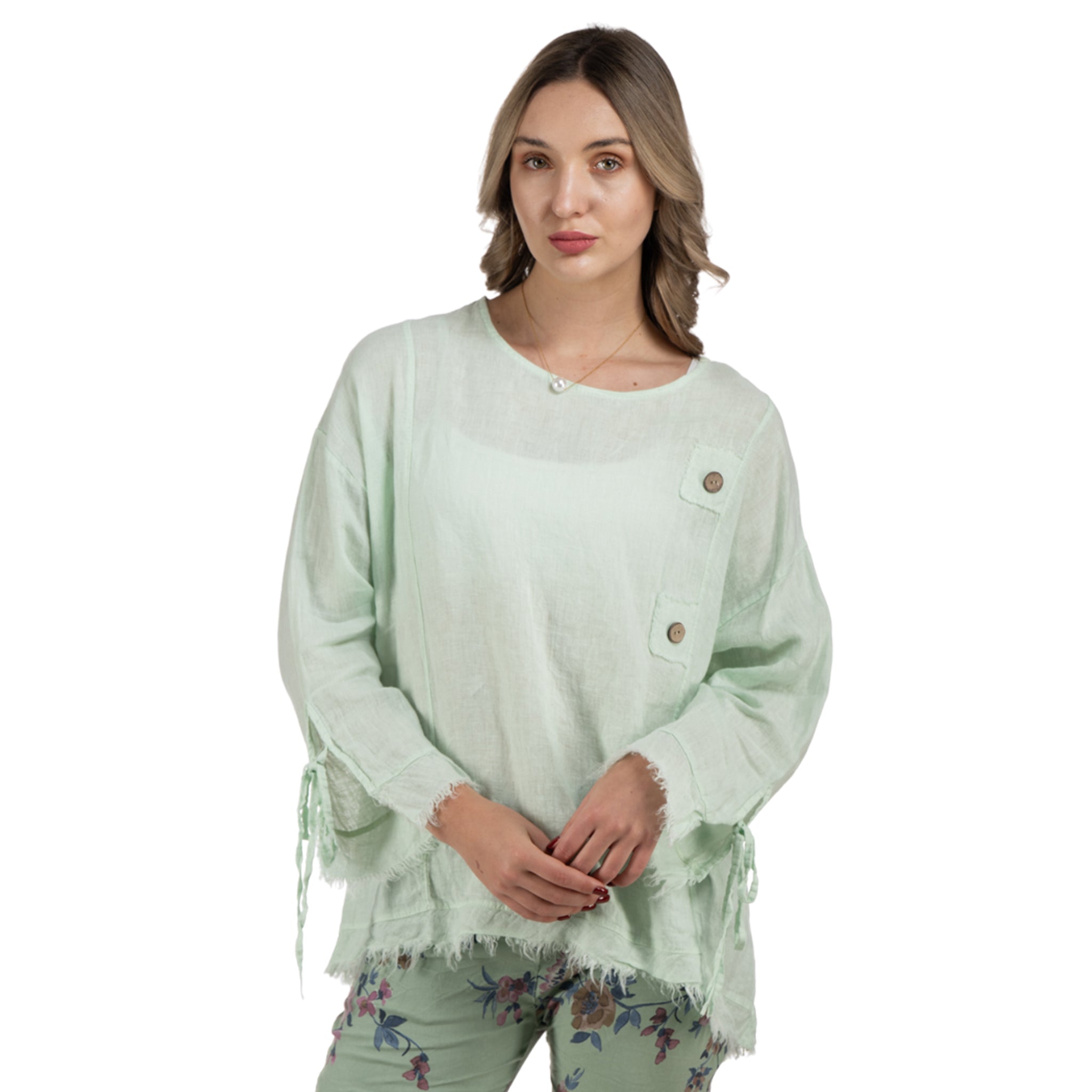 100% Linen button detail raw-edge top