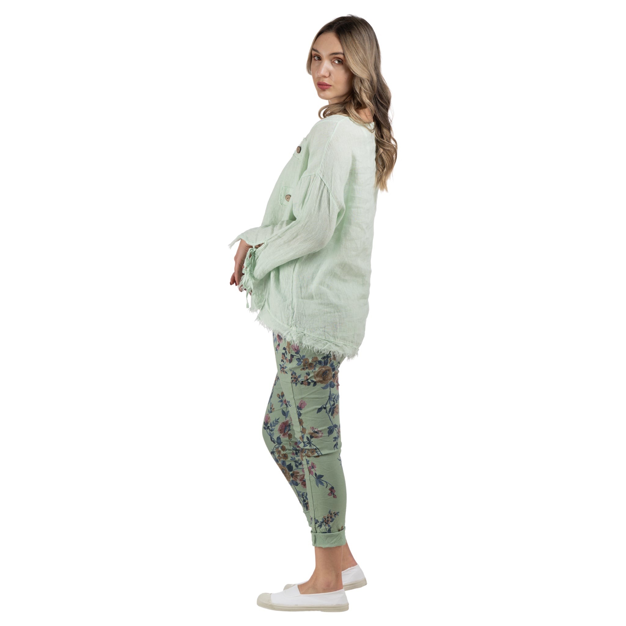 100% Linen button detail raw-edge top