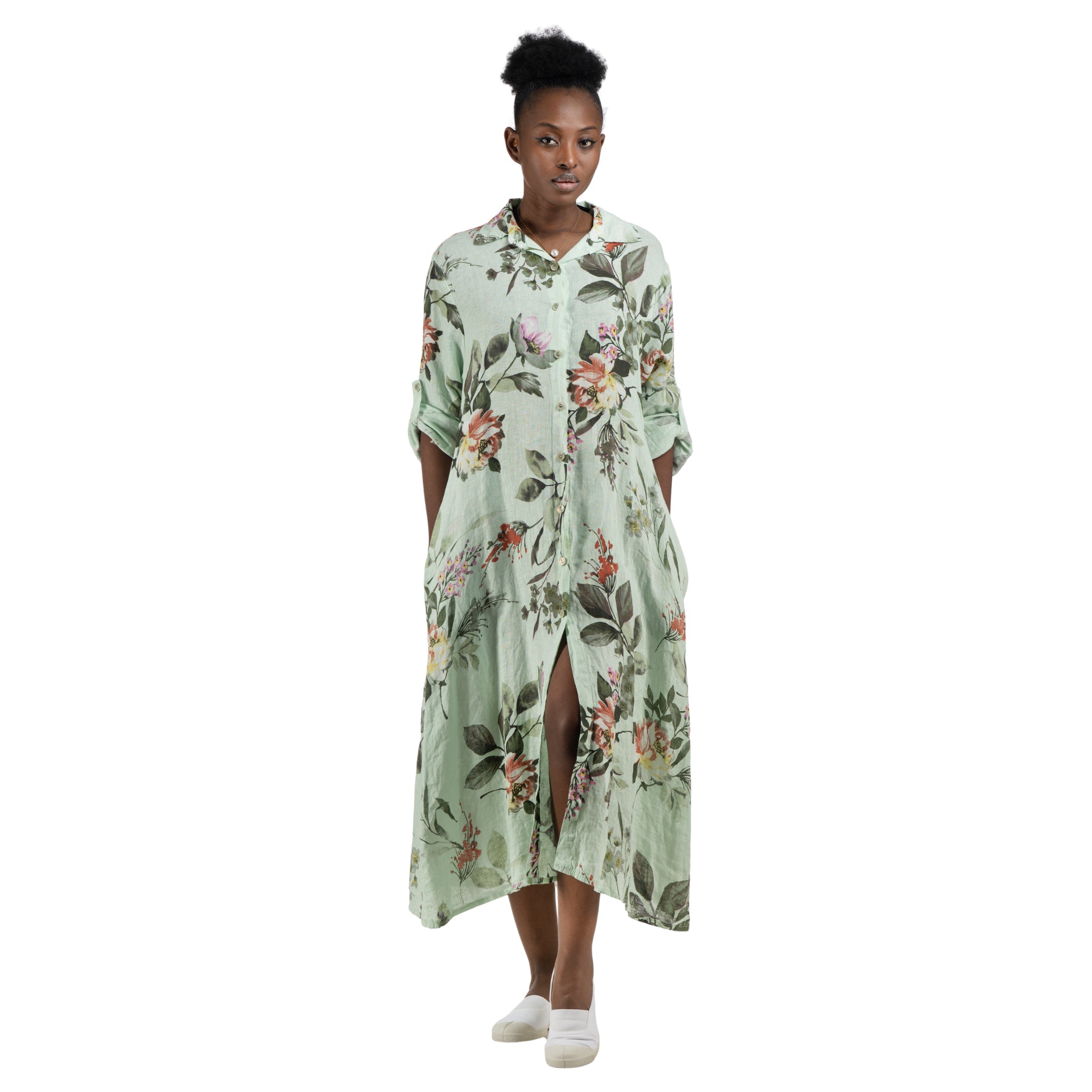 100% Linen floral shirt dress