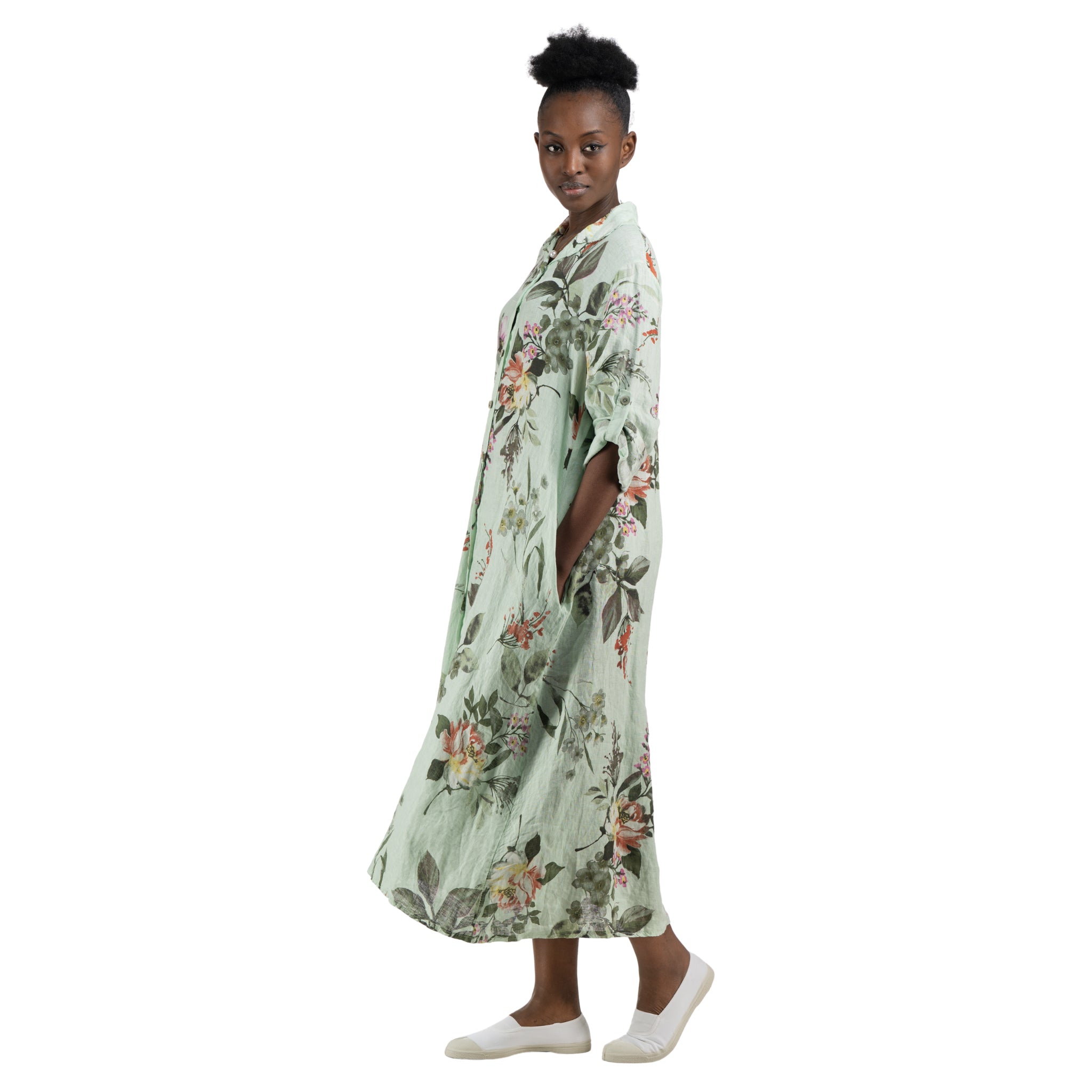 100% Linen floral shirt dress