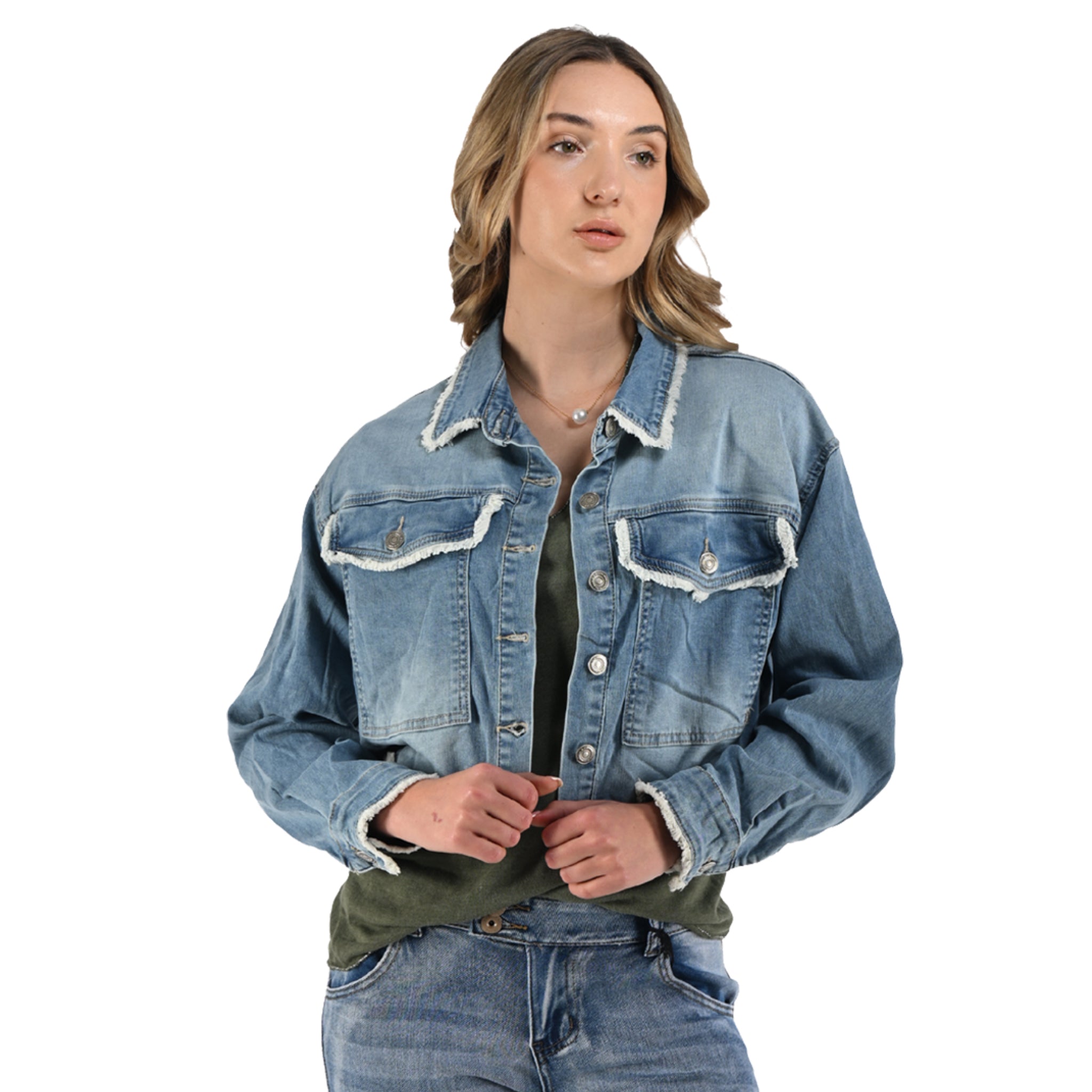 Frayed edge crop denim jacket