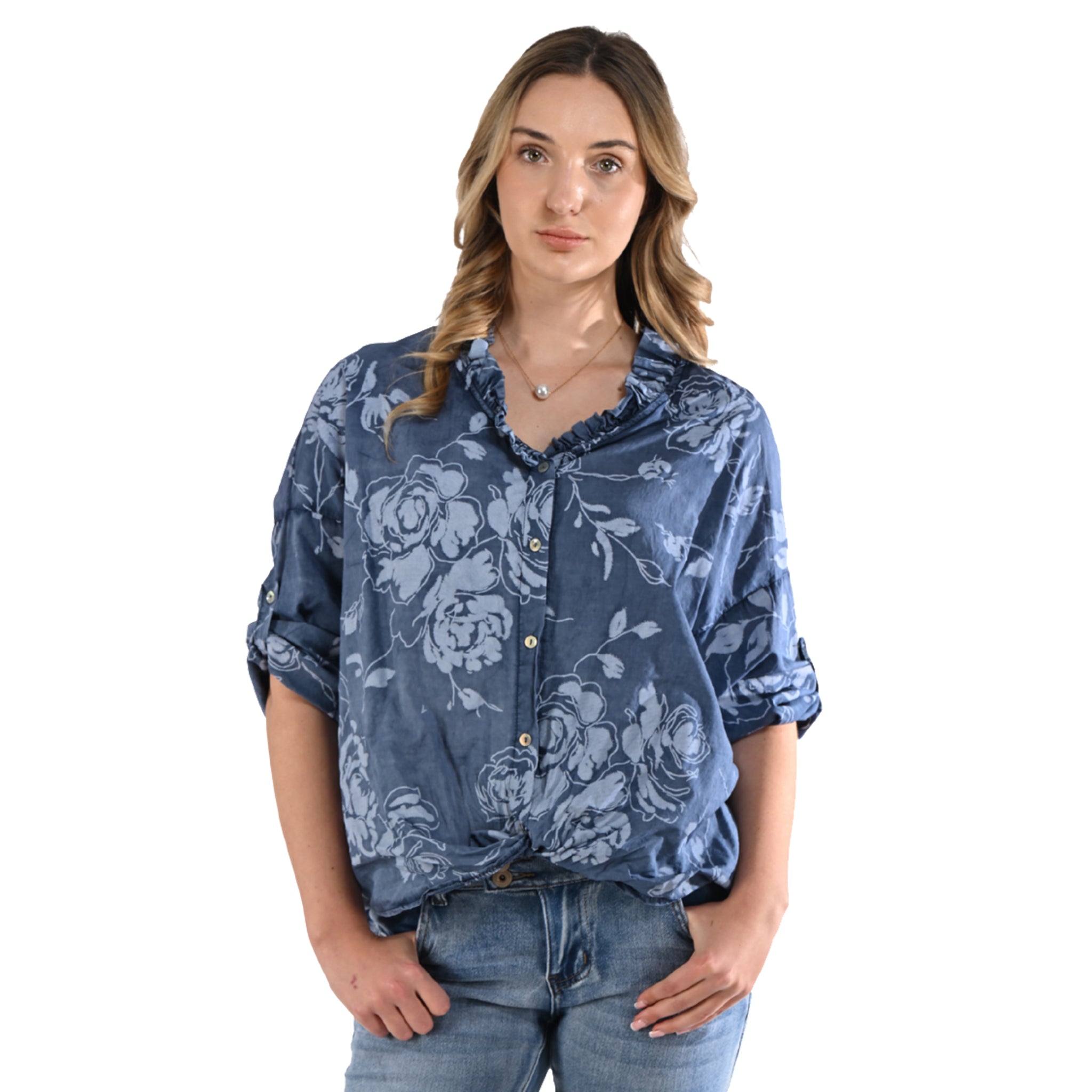 Rose print frill collar shirt