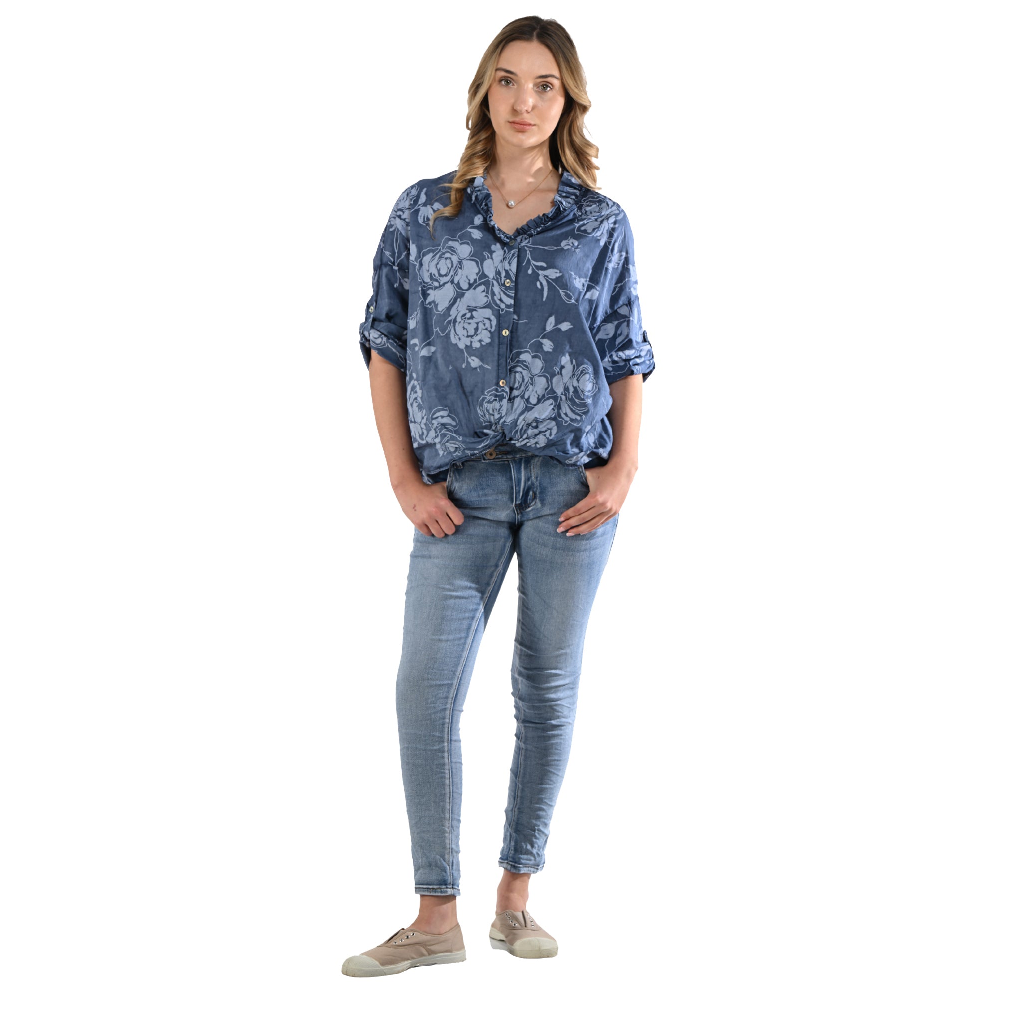 Rose print frill collar shirt
