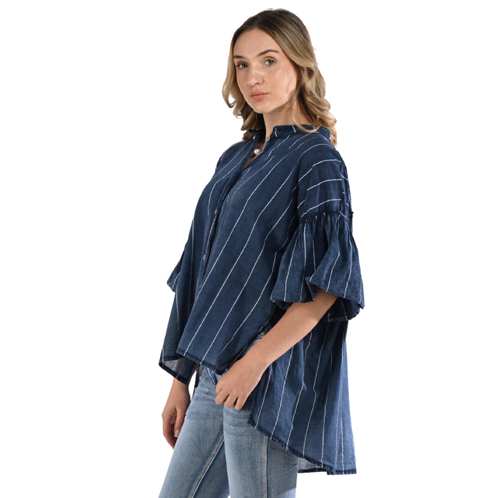 Bubble sleeve striped shirt