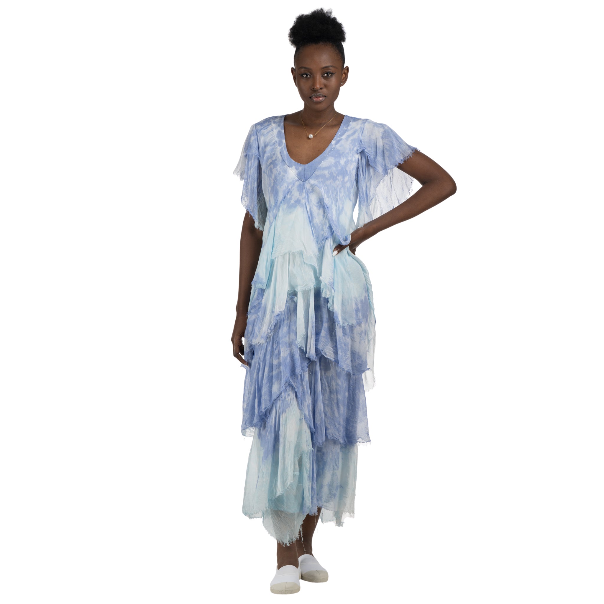 Sequin trim ombre tiered silky dress