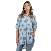 Hi-lo embroidered print silky shirt