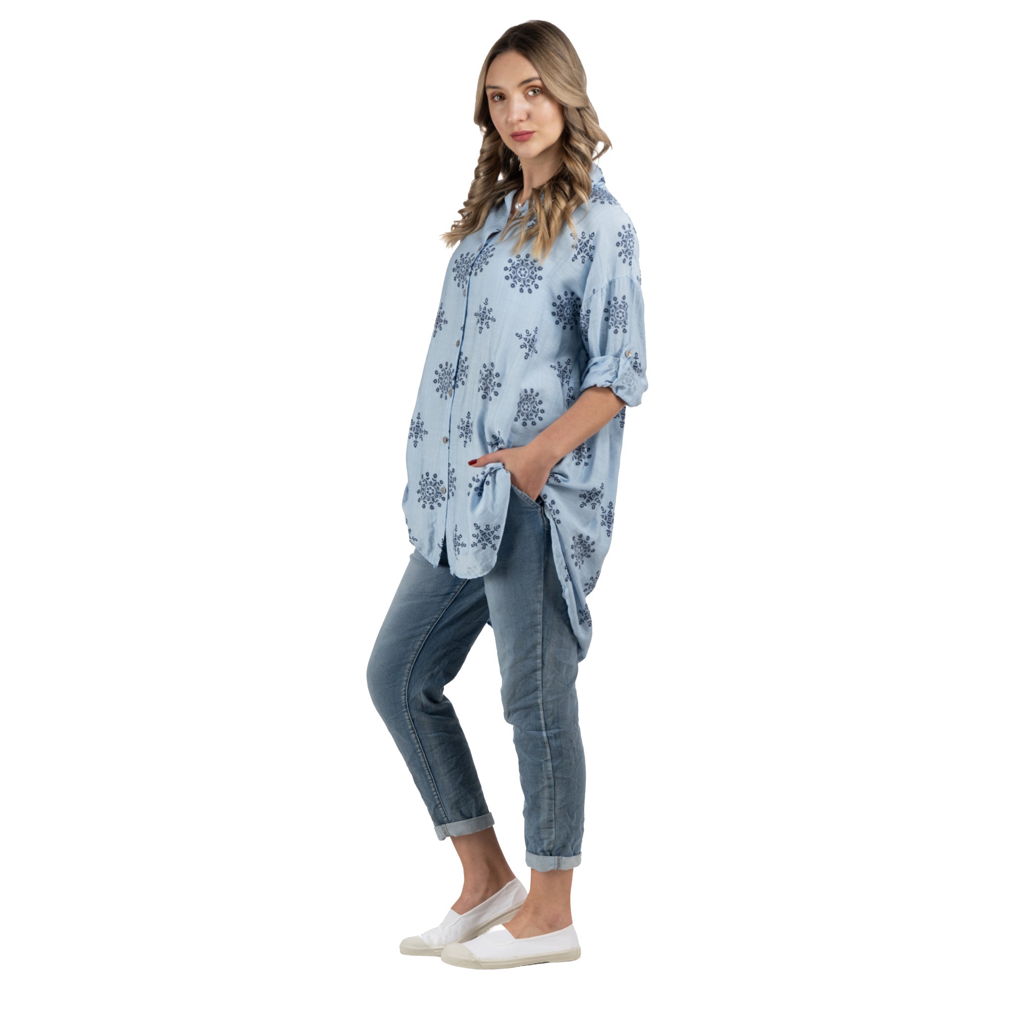 Hi-lo embroidered print silky shirt