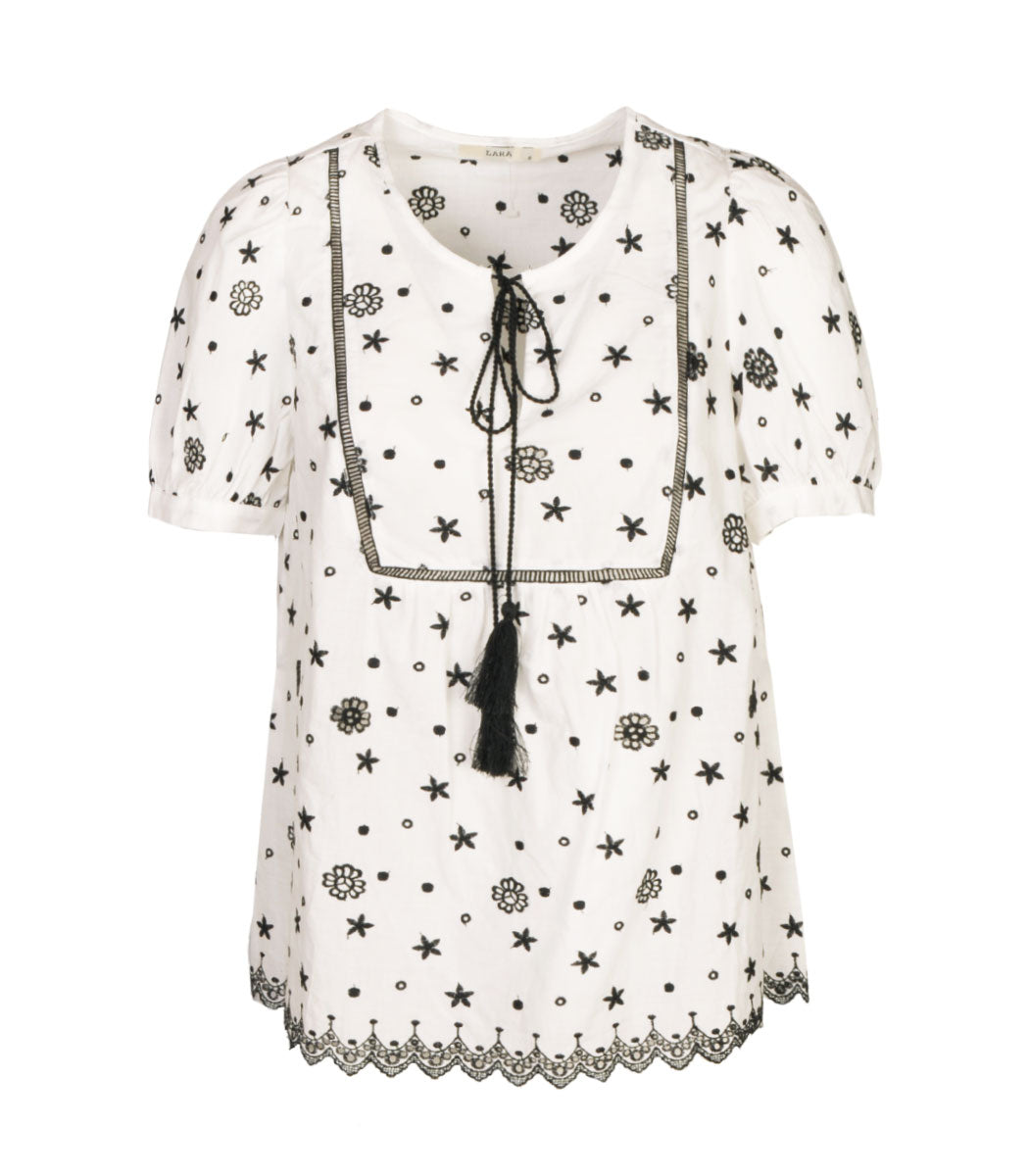 Embroidered anglaise tassel blouse