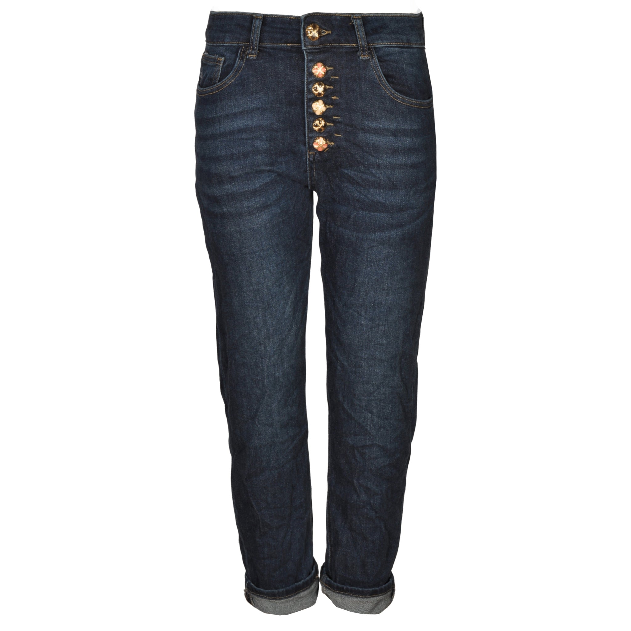 Floral resin button jeans