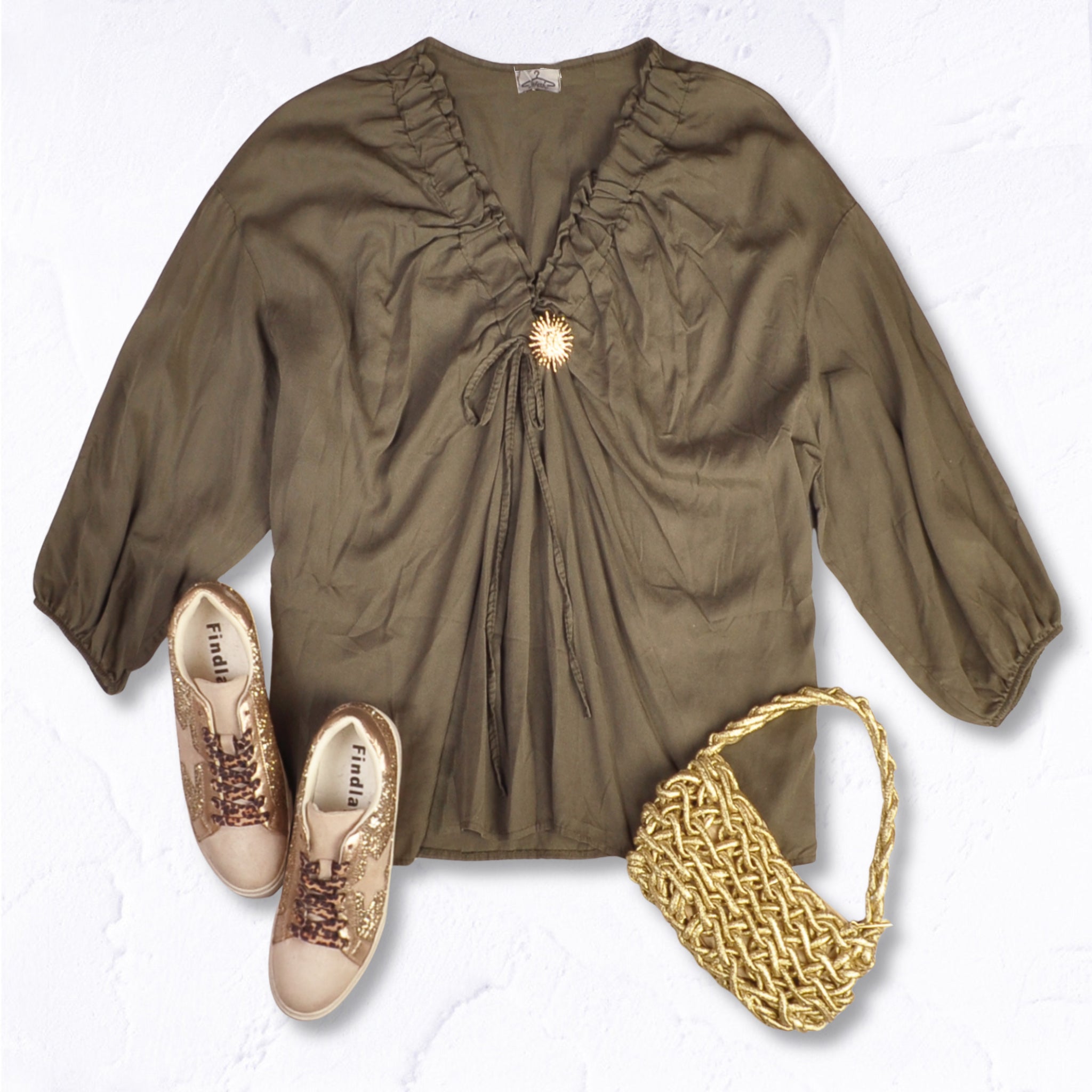 Drawstring neckline sun brooch top