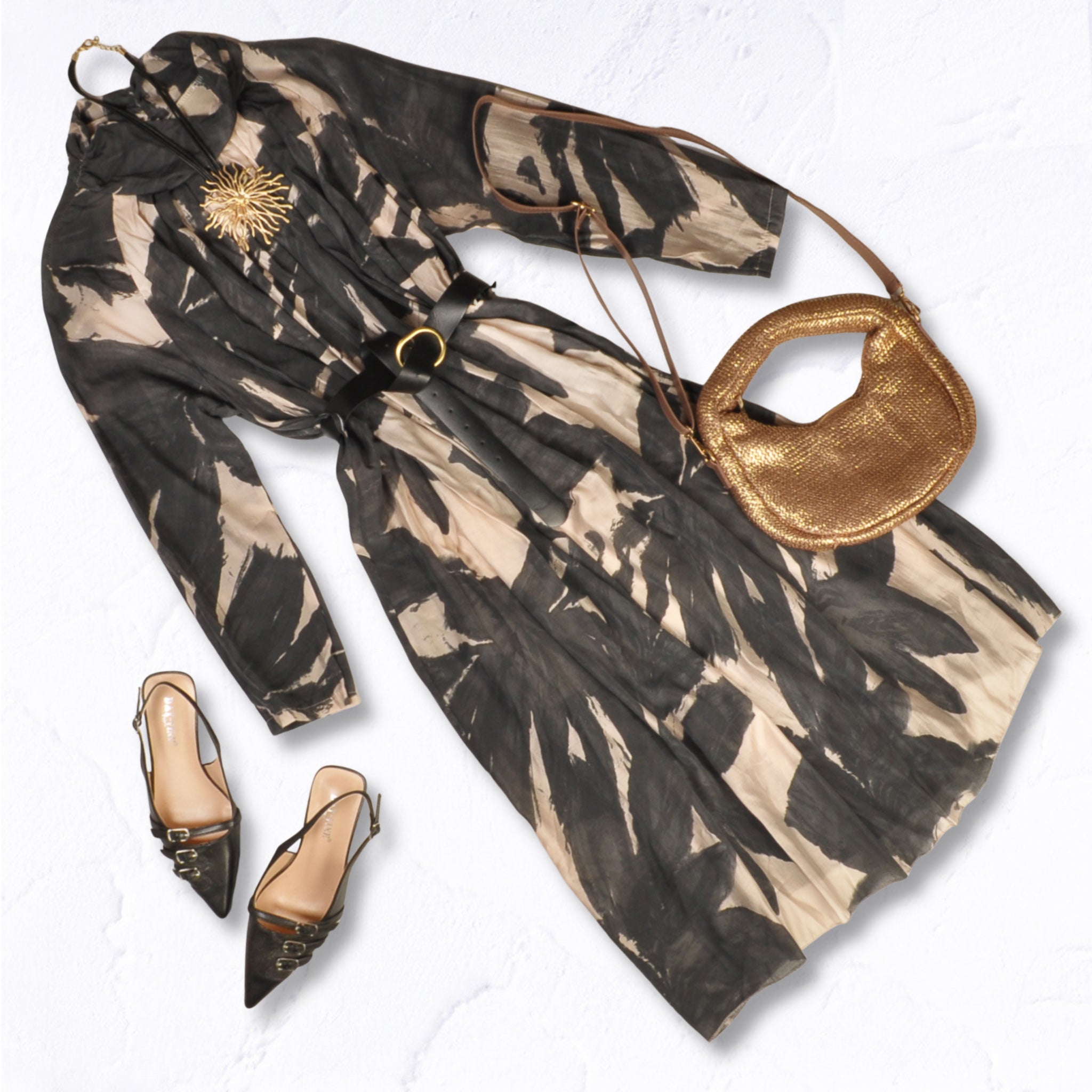 Paint print belted funnel neck dress