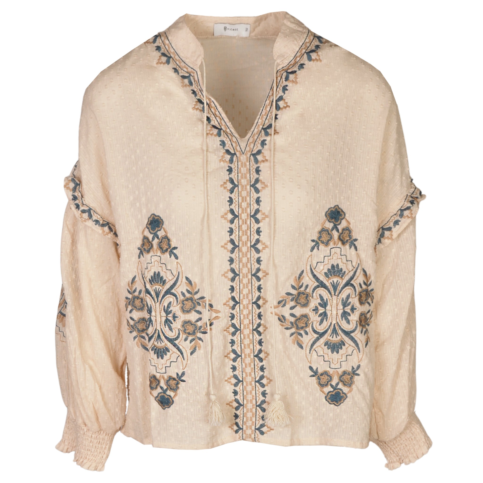 Embroidered damask print tassel blouse