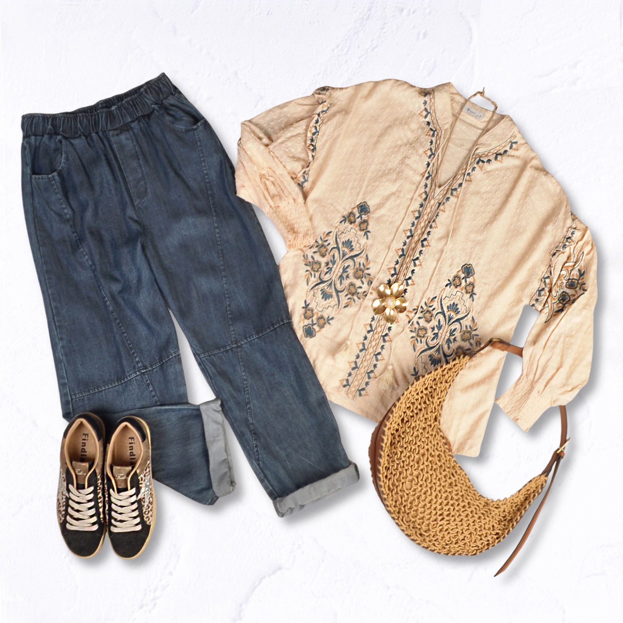 Embroidered damask print tassel blouse