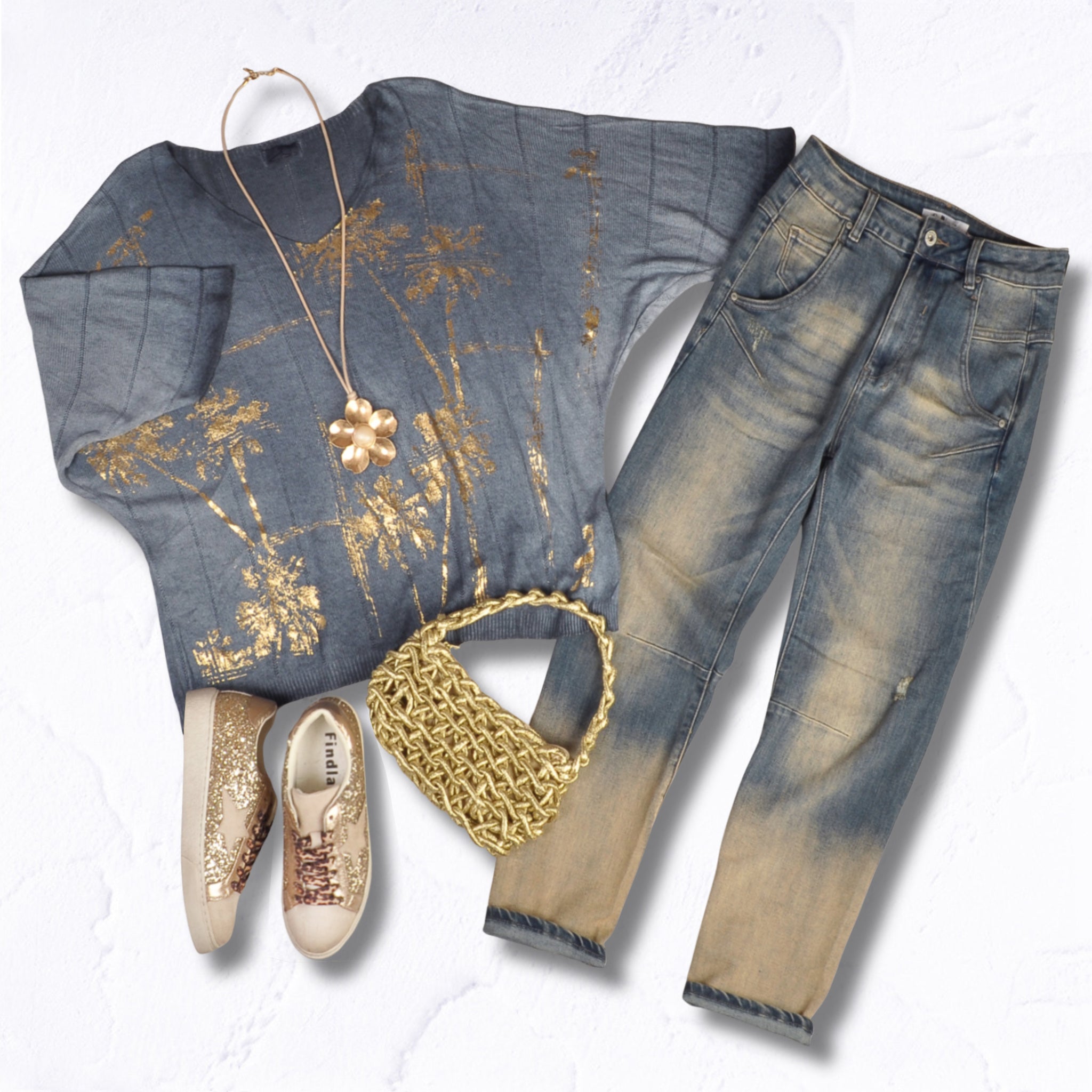 Gold foil print batwing top