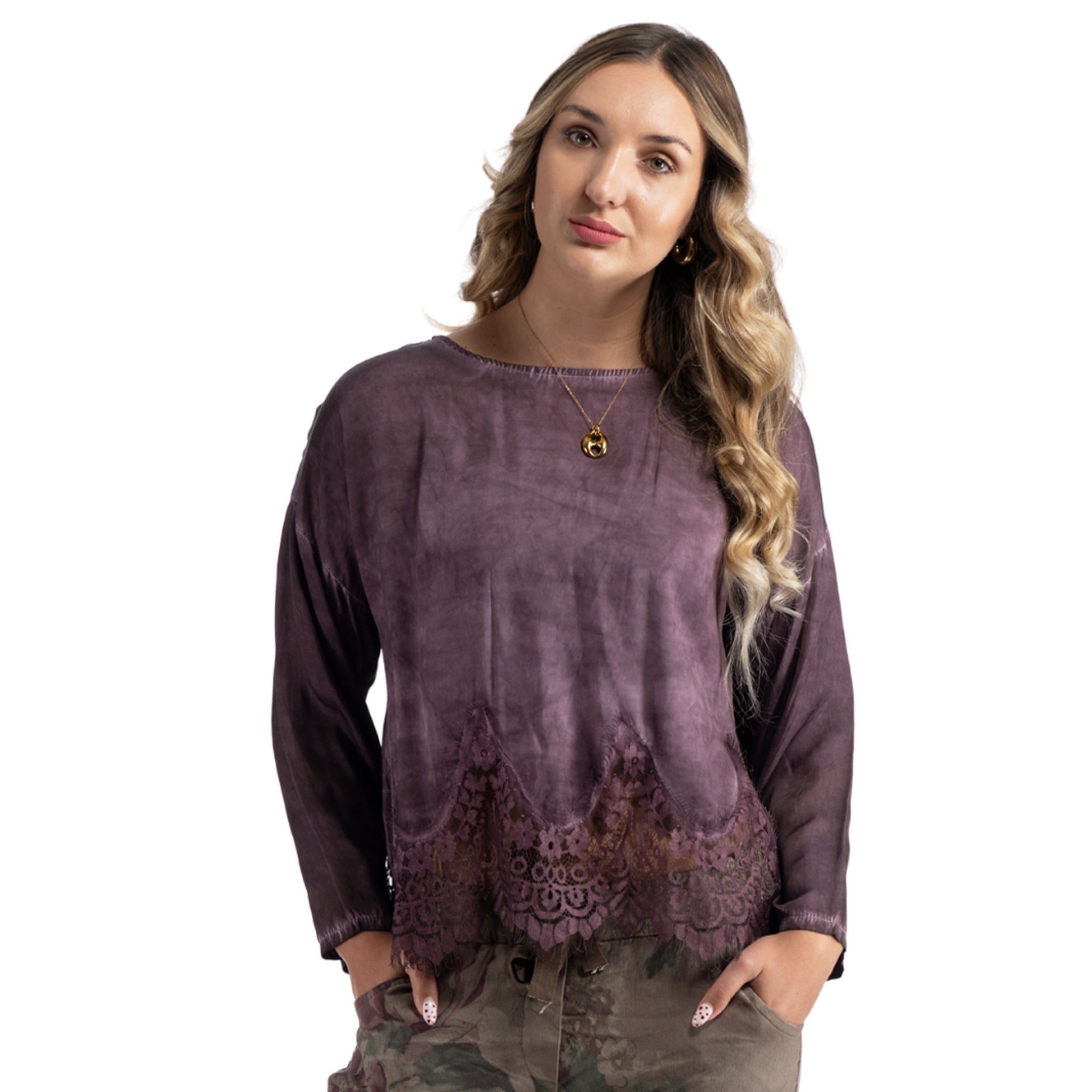 Overdyed lace border silky top