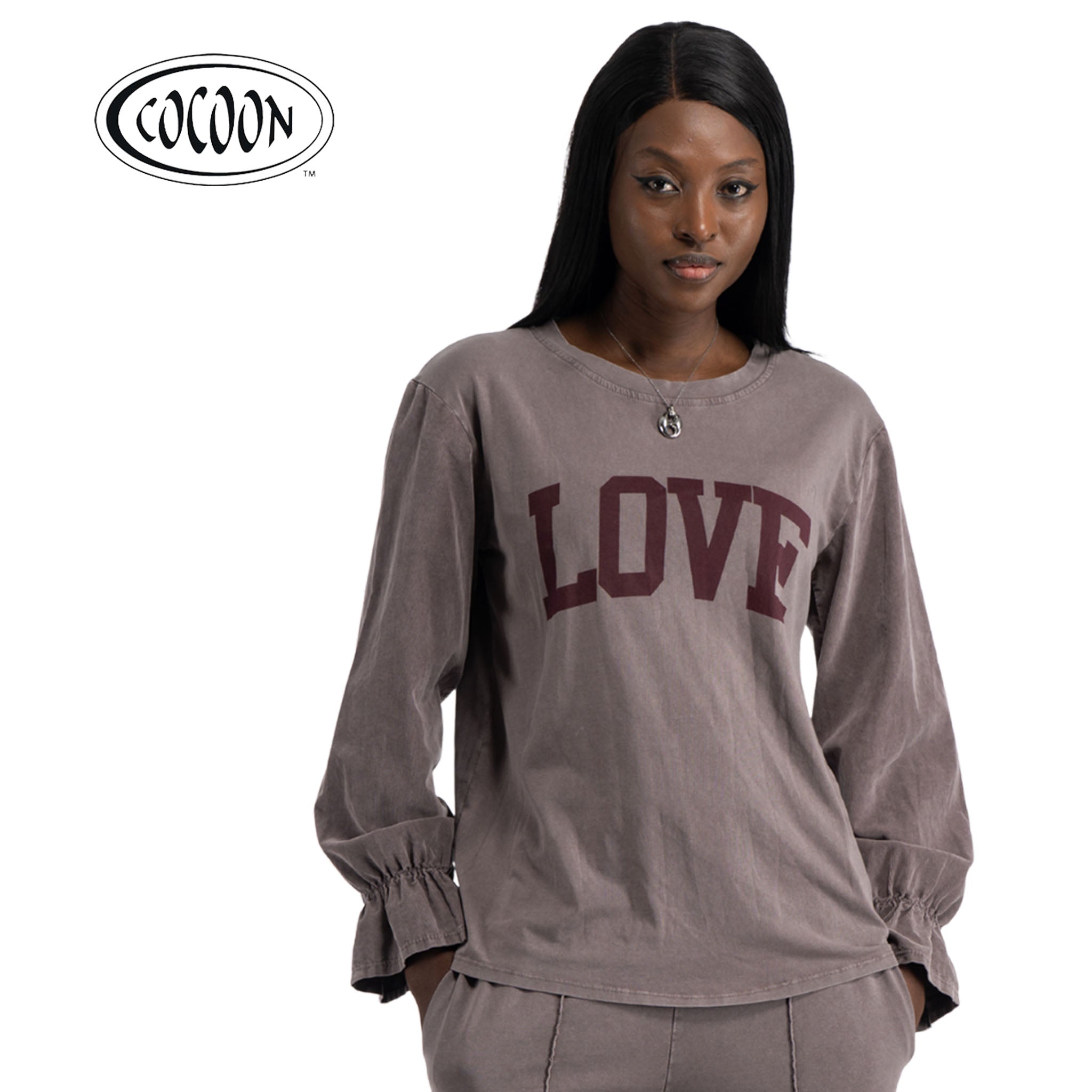 Cocoon corduroy sleeve love print top