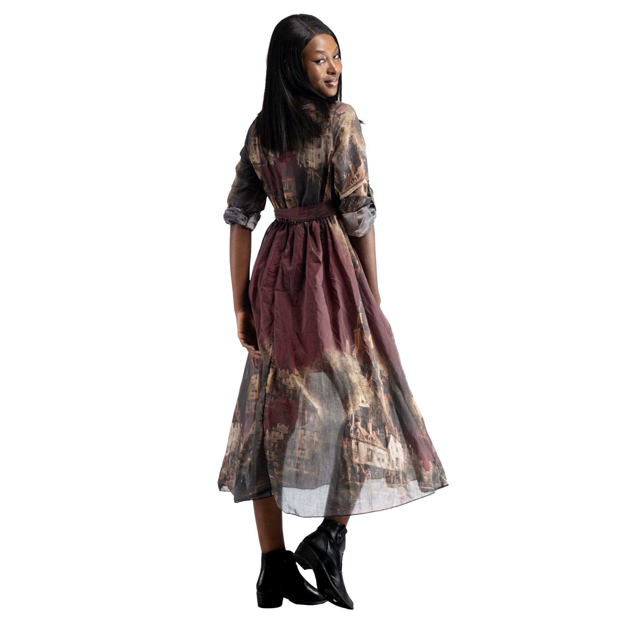 Historic building print belted dress