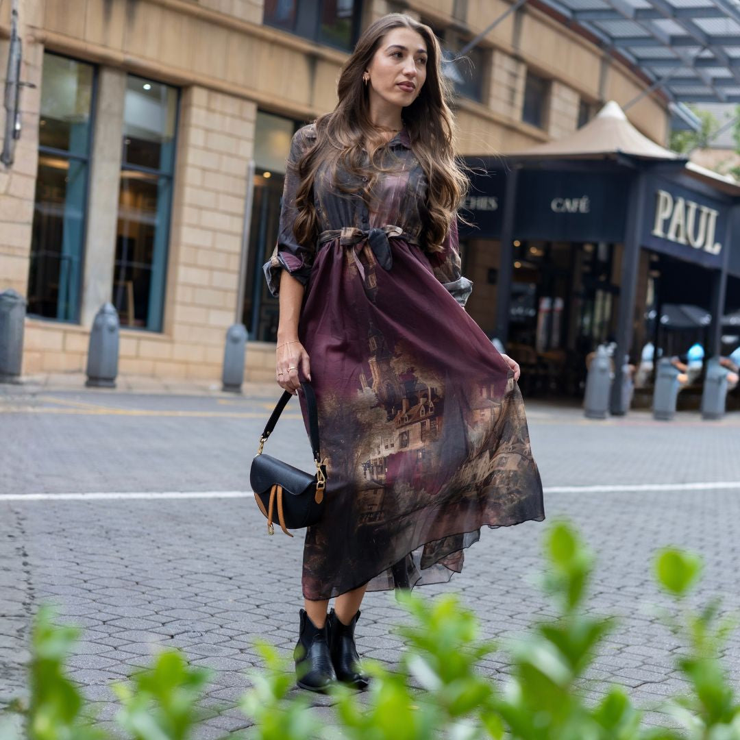 Historic building print belted dress