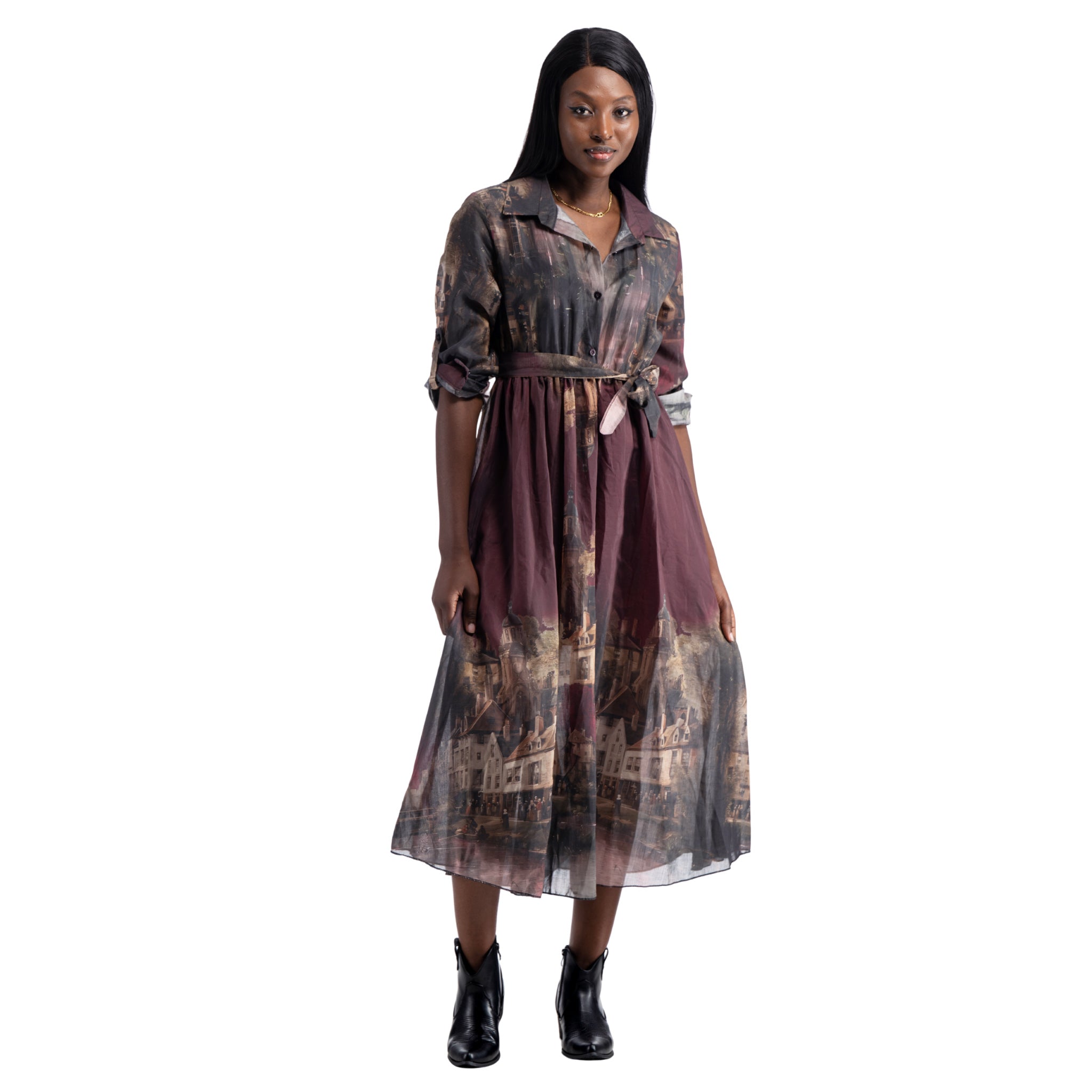 Historic building print belted dress
