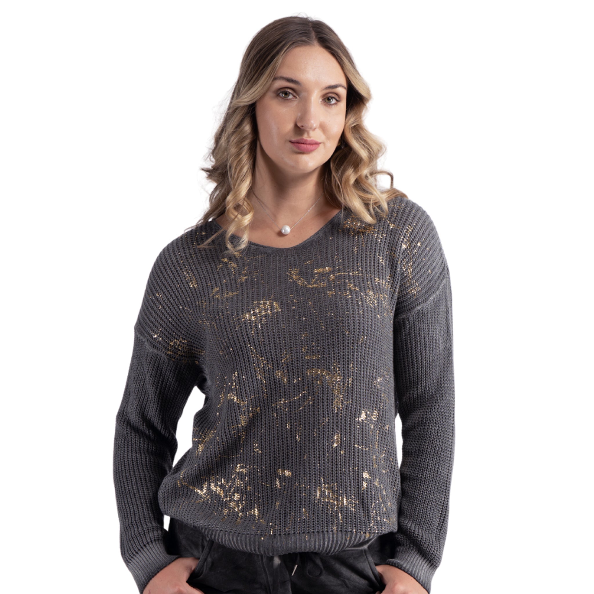 Gold foil print ribbed knit