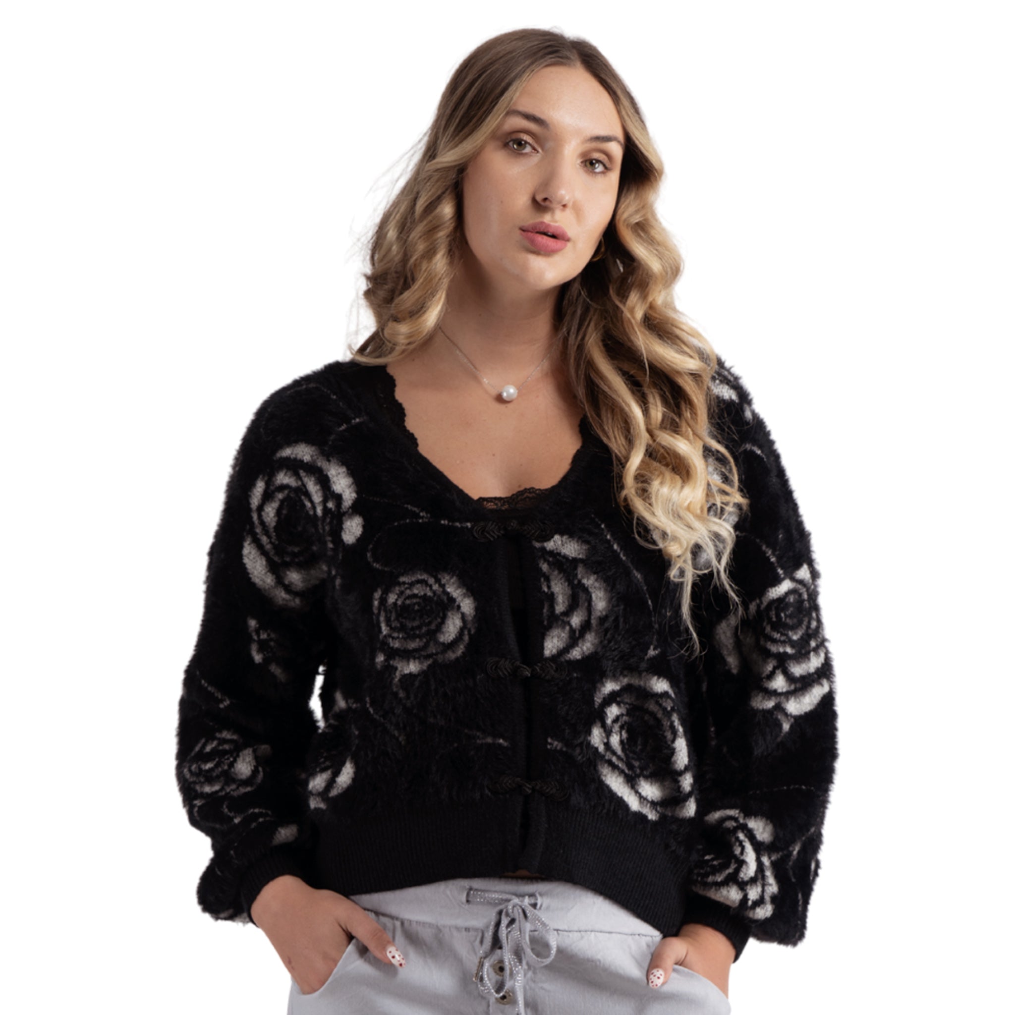 Rose print fluffy cardi