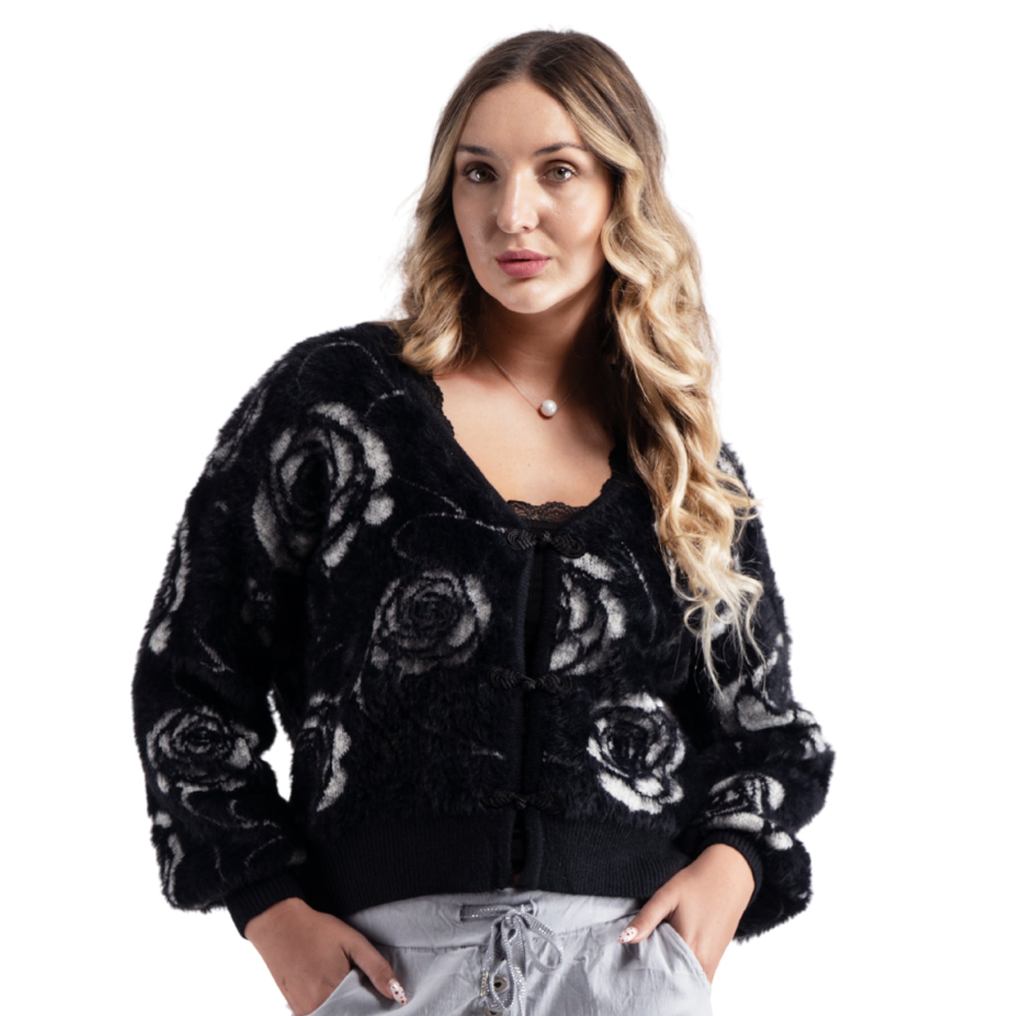 Rose print fluffy cardi