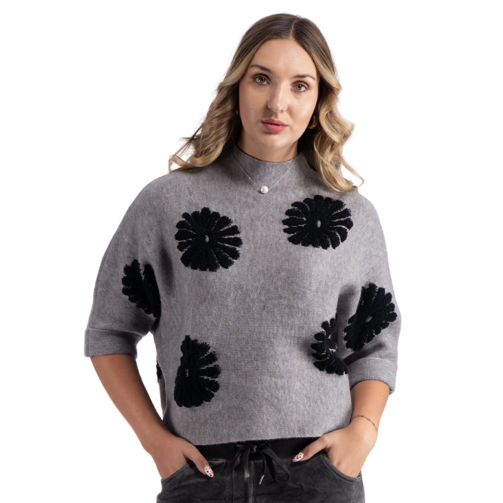 Flocked flower funnel neck knit top