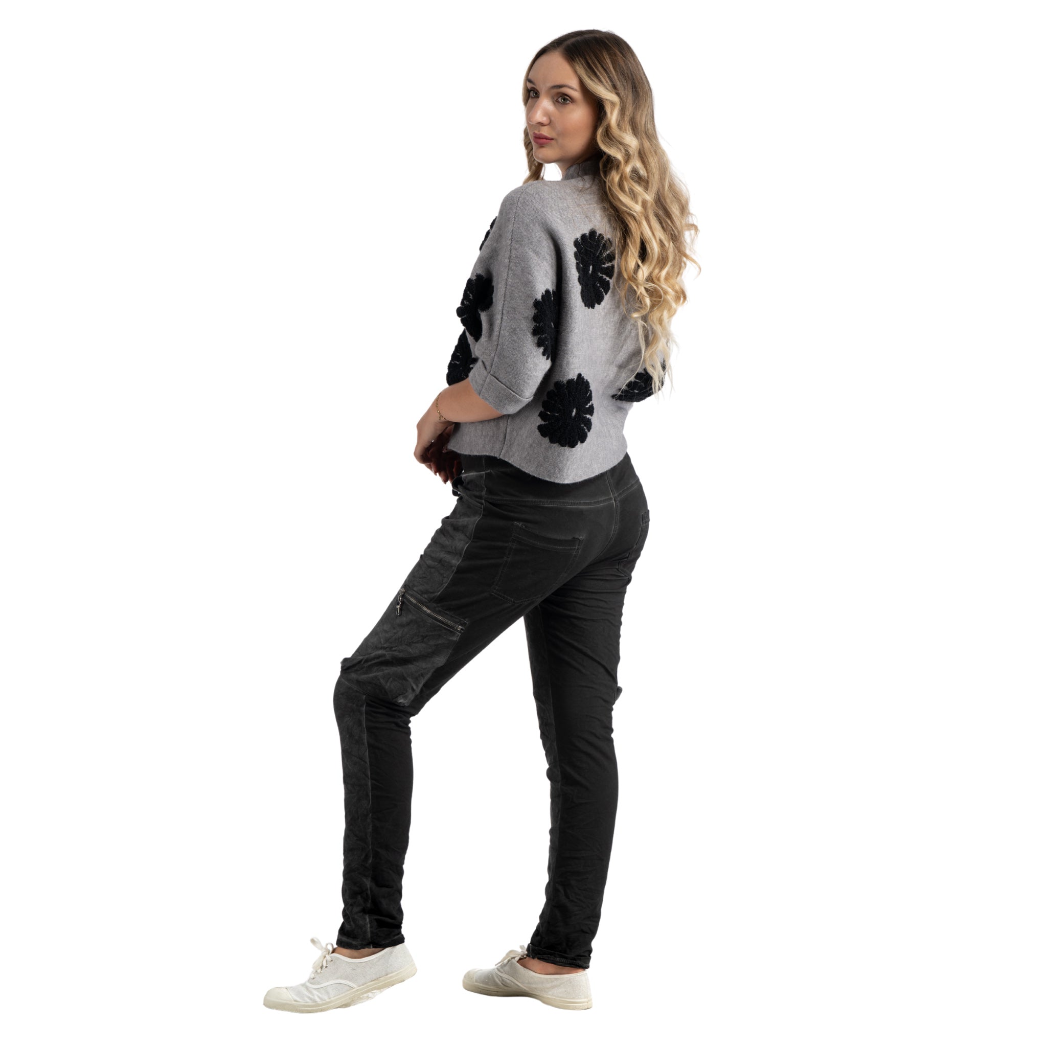 Flocked flower funnel neck knit top