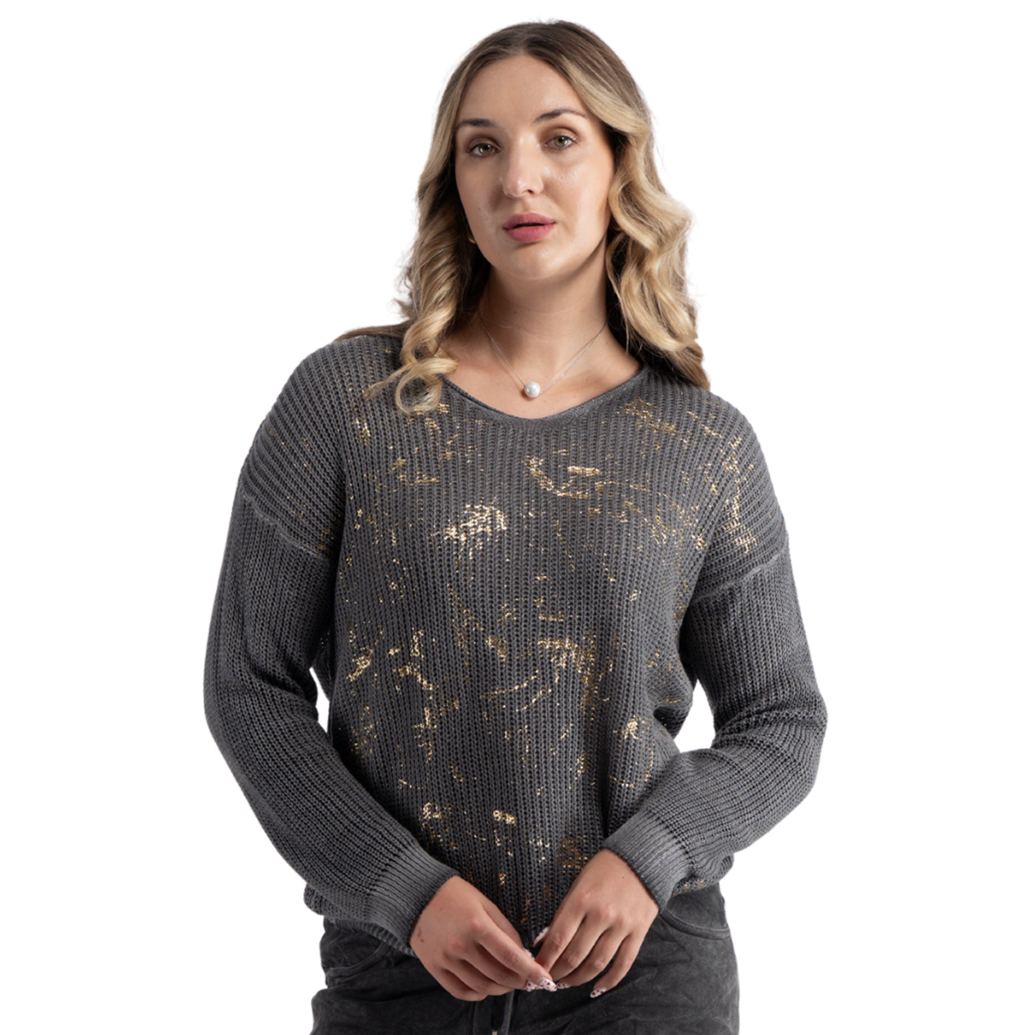 Gold foil print ribbed knit