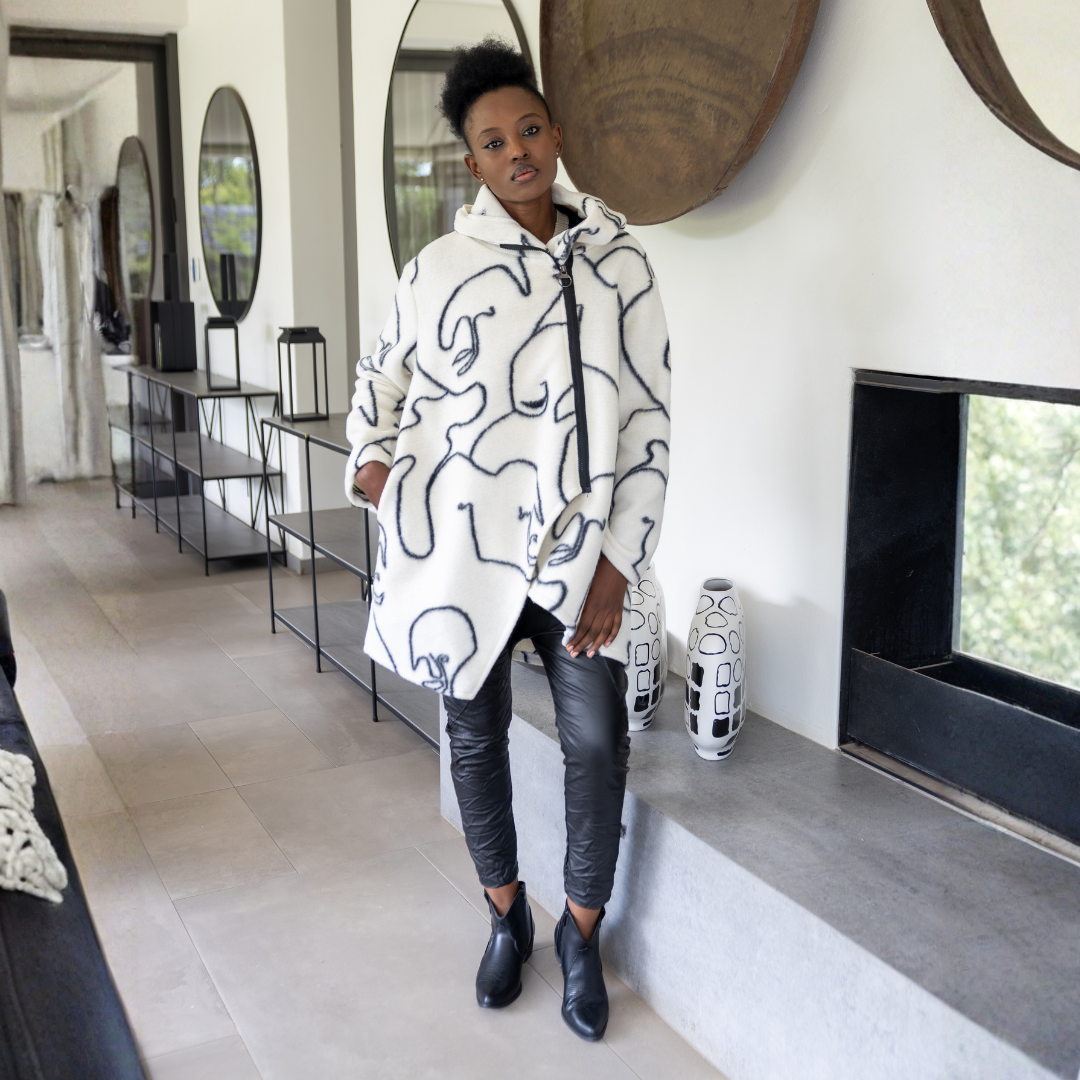 Face print zip hooded coat